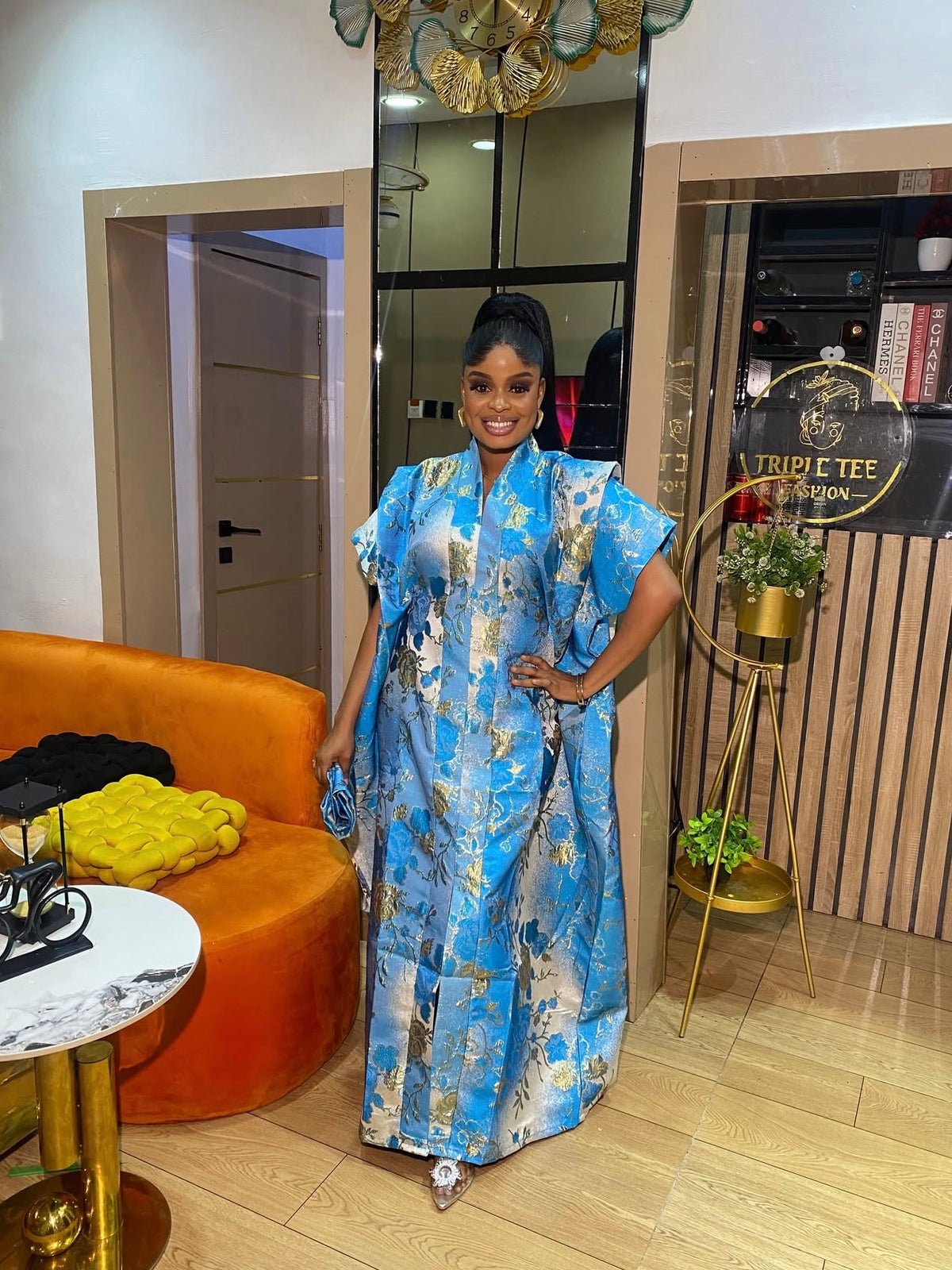 Luxury Blue & Gold Floral Brocade Boubou Dress | Elegant African Kaftan | One Size Up to US 20