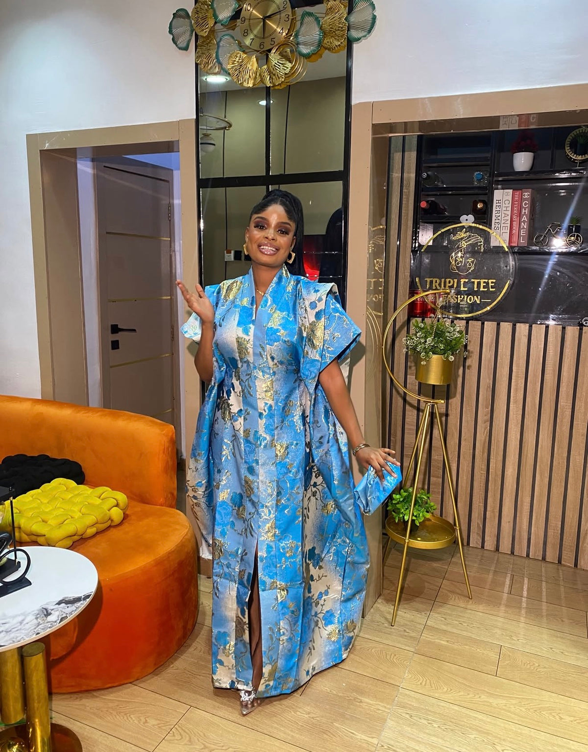 Luxury Blue & Gold Floral Brocade Boubou Dress | Elegant African Kaftan | One Size Up to US 20