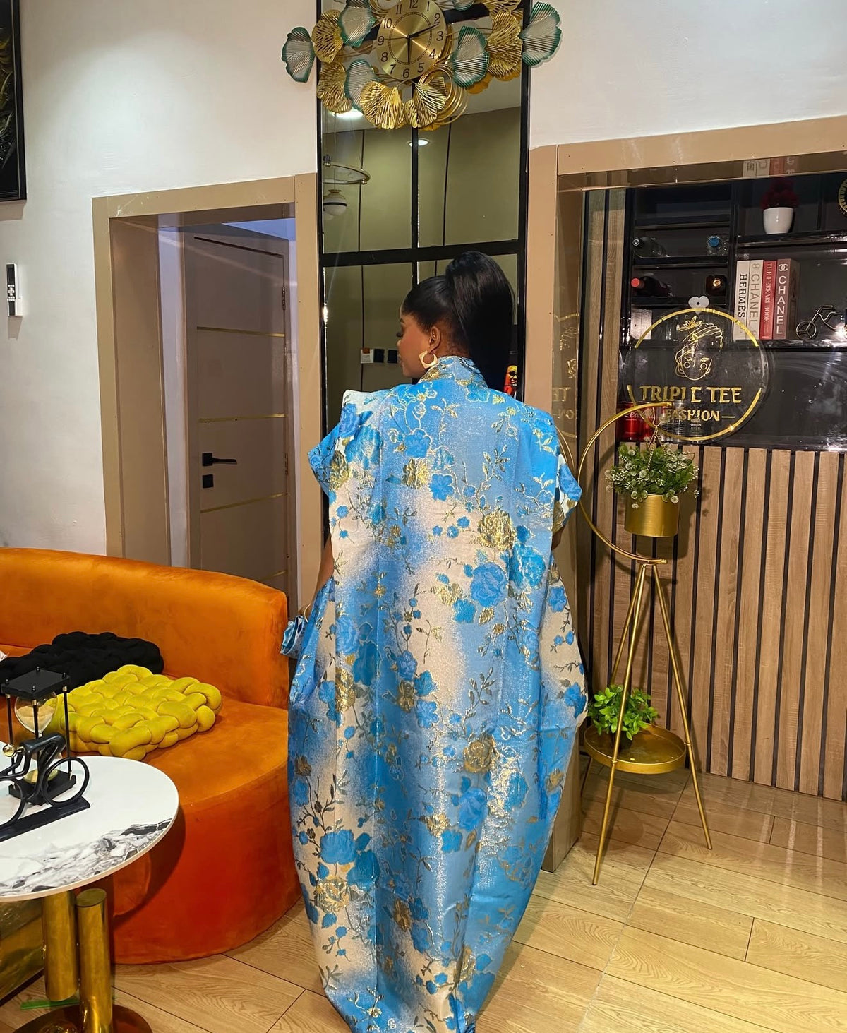 Luxury Blue & Gold Floral Brocade Boubou Dress | Elegant African Kaftan | One Size Up to US 20