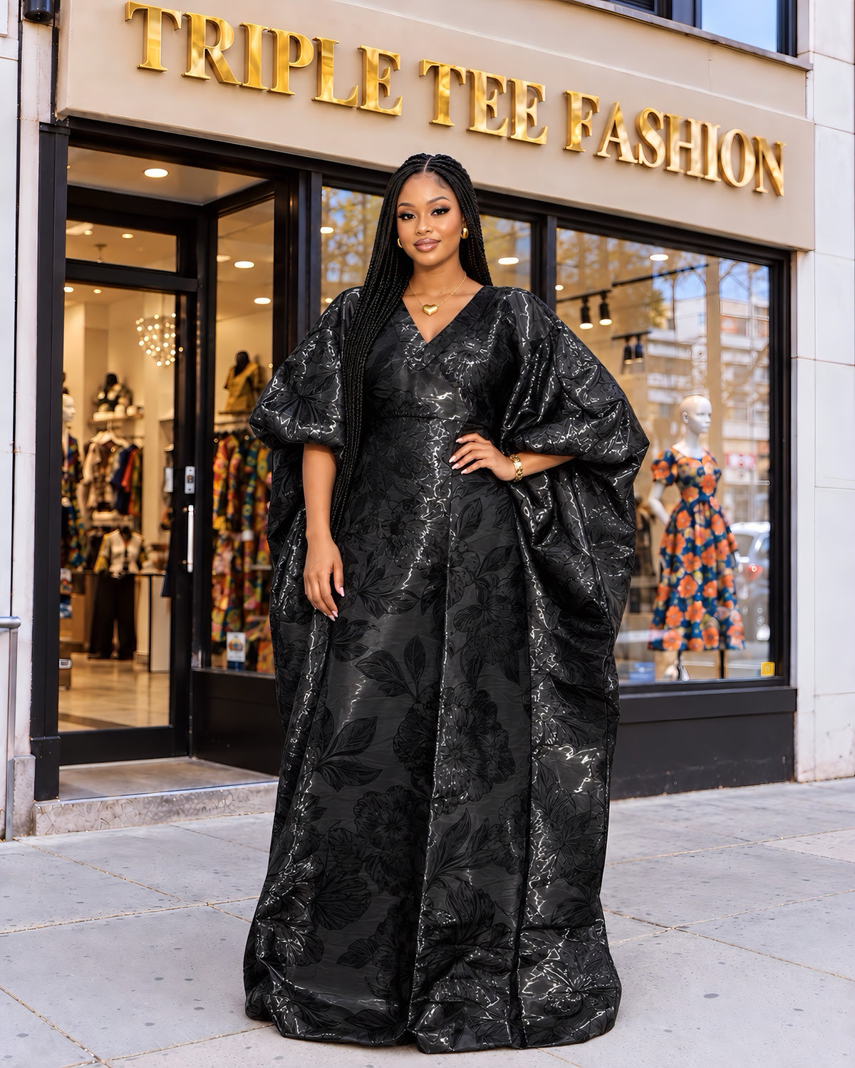 Black Iridescent Brocade Boubou Kaftan Dress – Luxury Floral African Maxi Dress with Inner Waist Belt | One Size