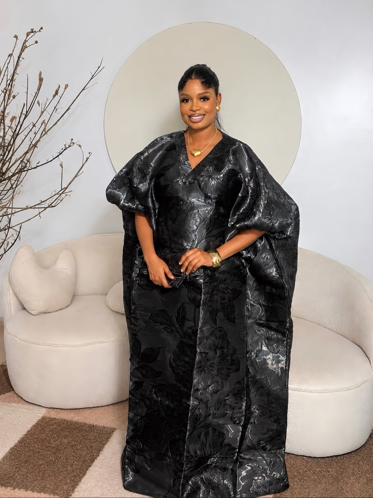 Black Iridescent Brocade Boubou Kaftan Dress – Luxury Floral African Maxi Dress with Inner Waist Belt | One Size
