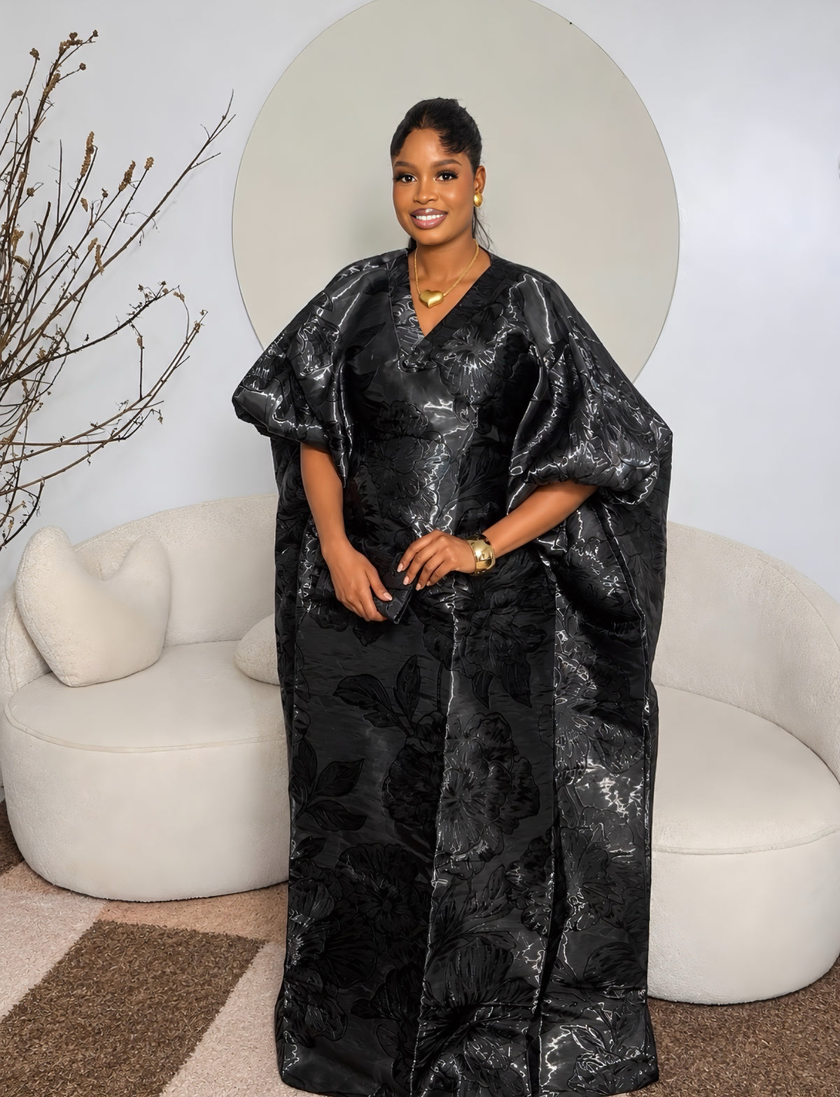 Black Iridescent Brocade Boubou Kaftan Dress – Luxury Floral African Maxi Dress with Inner Waist Belt | One Size