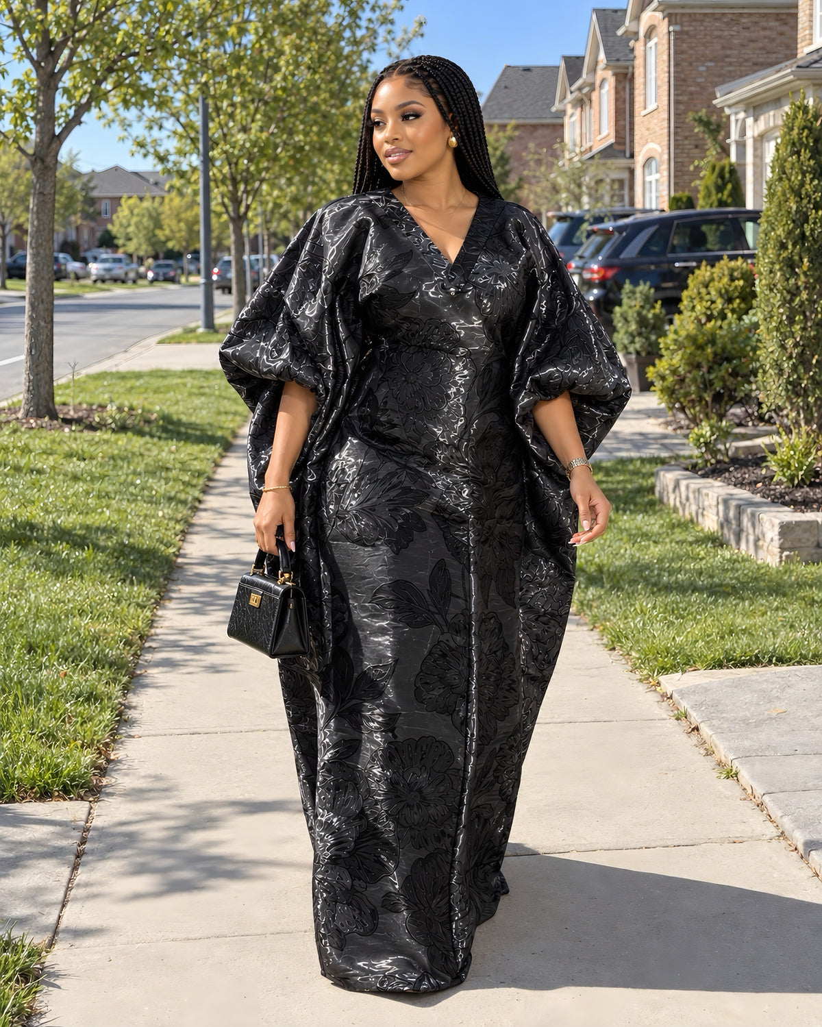 Black Iridescent Brocade Boubou Kaftan Dress – Luxury Floral African Maxi Dress with Inner Waist Belt | One Size