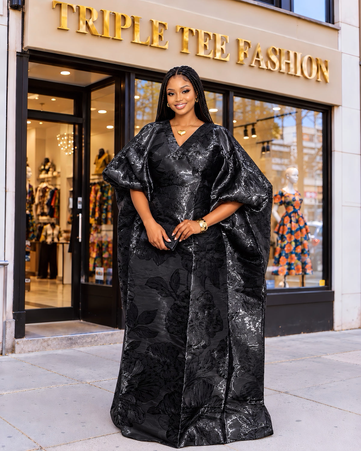 Black Iridescent Brocade Boubou Kaftan Dress – Luxury Floral African Maxi Dress with Inner Waist Belt | One Size