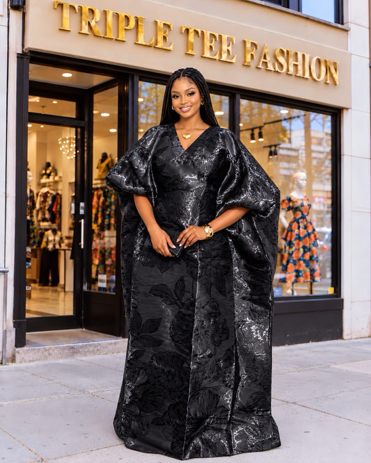 Black Iridescent Brocade Boubou Kaftan Dress – Luxury Floral African Maxi Dress with Inner Waist Belt | One Size