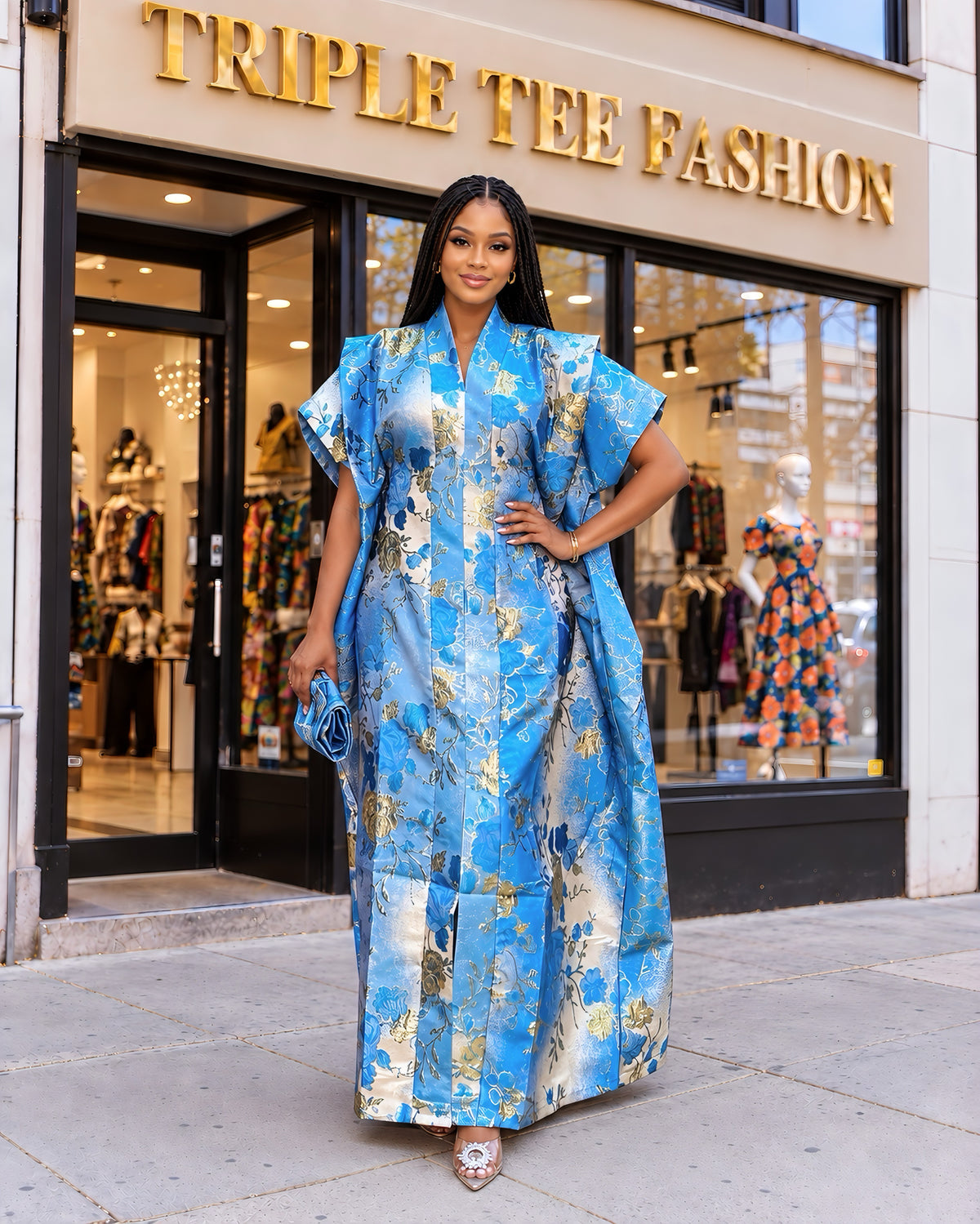 Luxury Blue & Gold Floral Brocade Boubou Dress | Elegant African Kaftan | One Size Up to US 20