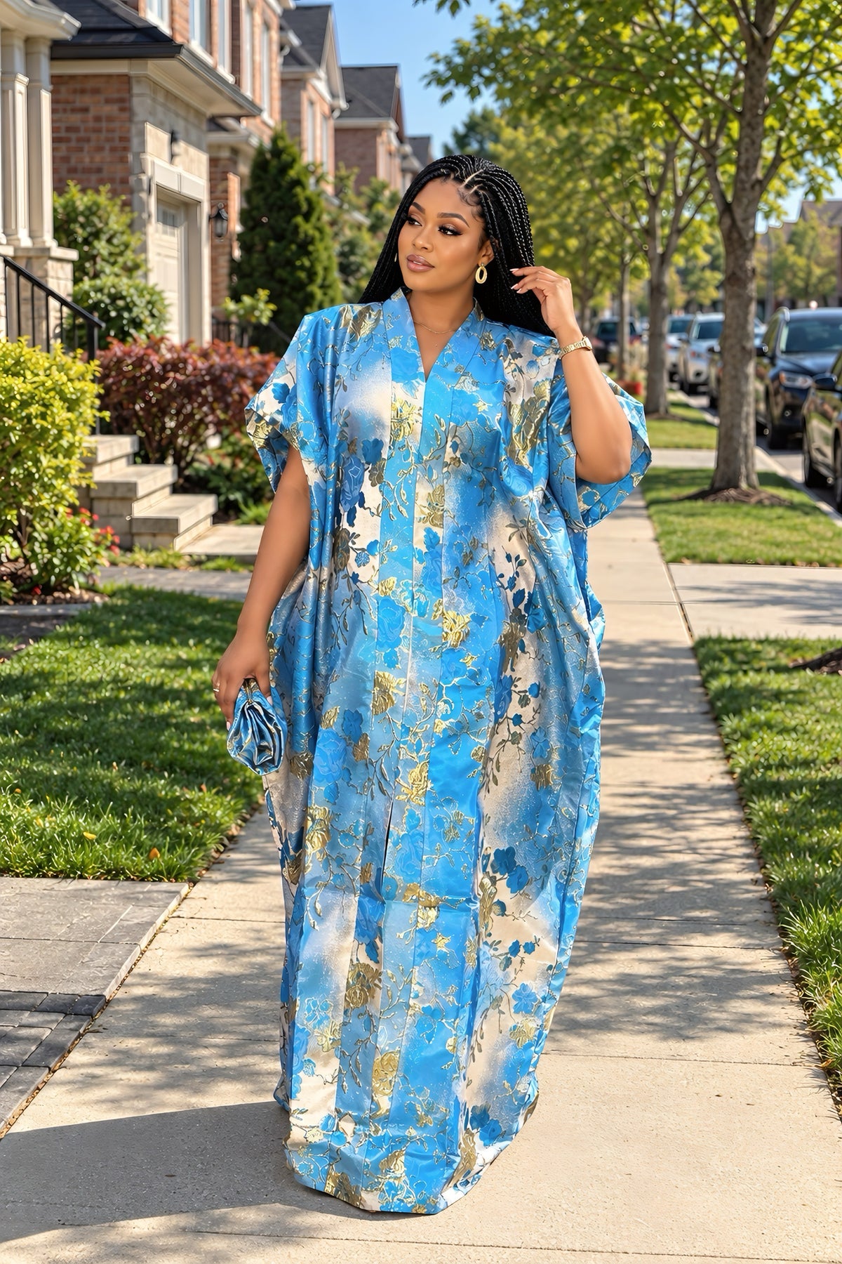 Luxury Blue & Gold Floral Brocade Boubou Dress | Elegant African Kaftan | One Size Up to US 20