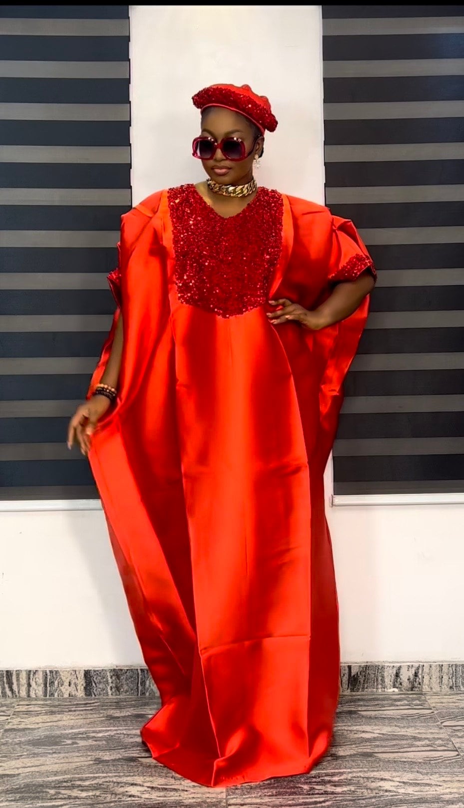 Luxury Red Mikado Silk & Sequin Boubou Dress | Elegant African Kaftan Gown | Free Size US 8–24 | Wedding Guest Occasion Wear