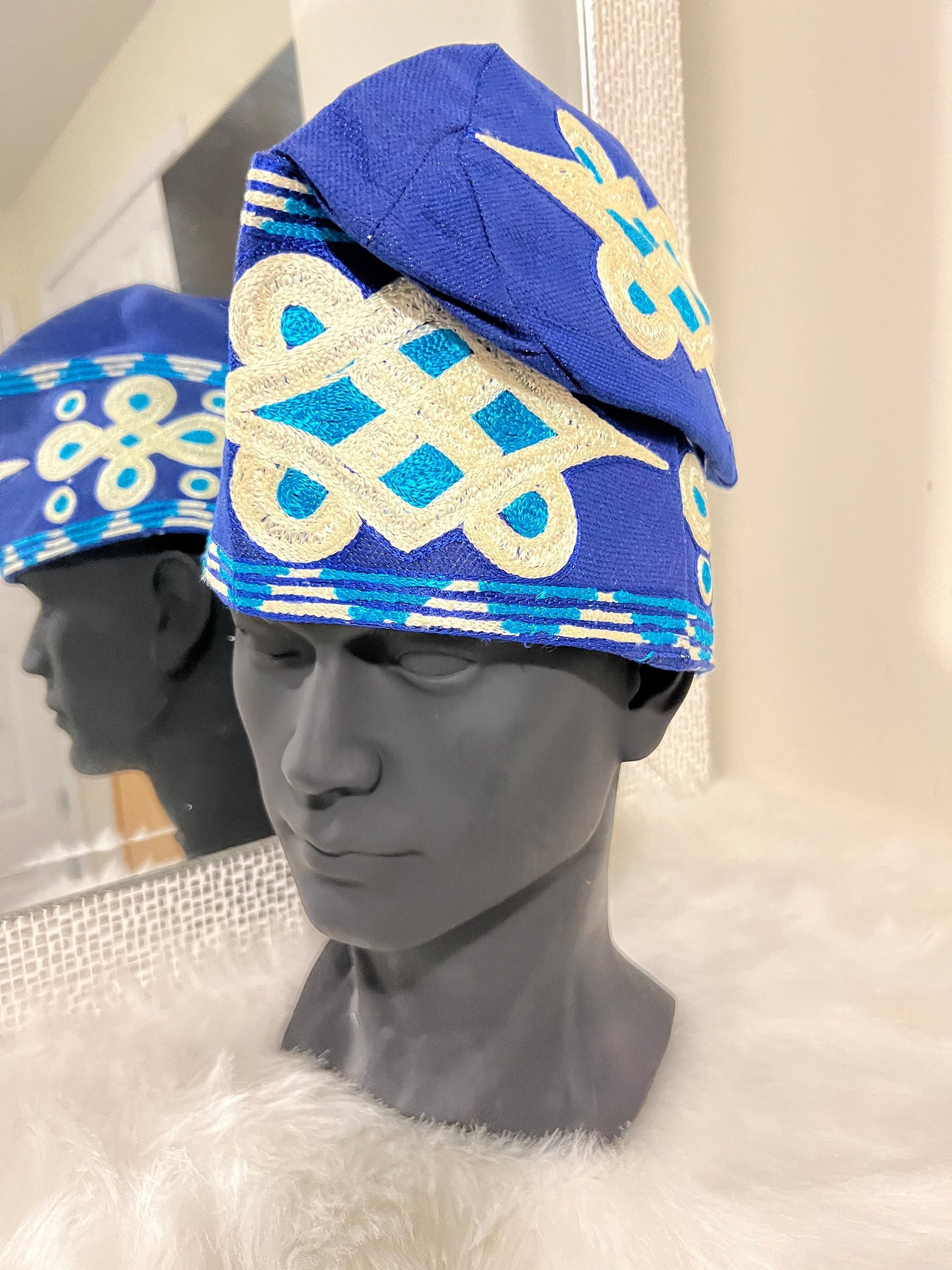 Embroidered Aso Oke Cap | Fila Ijebu, Nigerian Men's Hat (23 inches)
