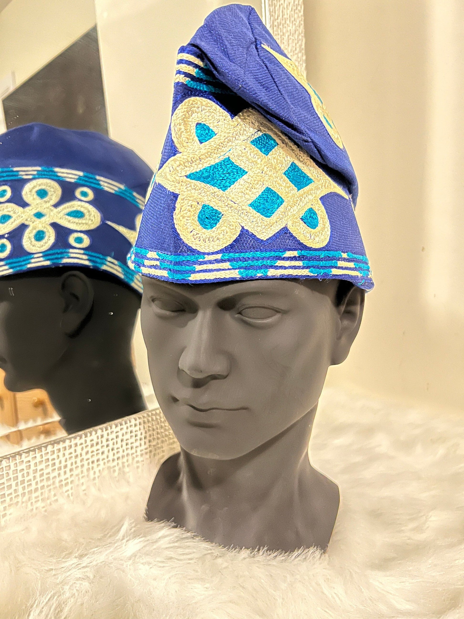 Embroidered Aso Oke Cap | Fila Ijebu, Nigerian Men's Hat (23 inches)