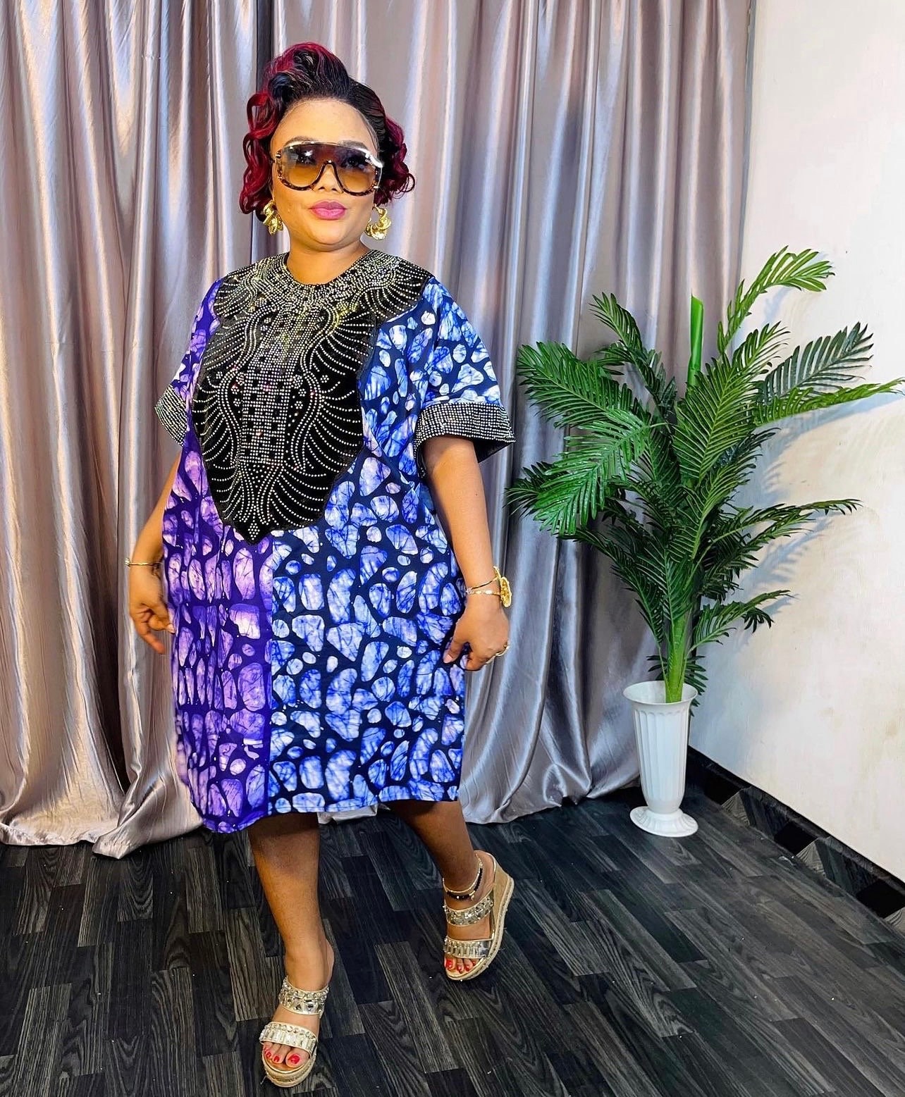 Purple Tie Dye Caftan Dress - Rhinestone Embellished African Print Tunic