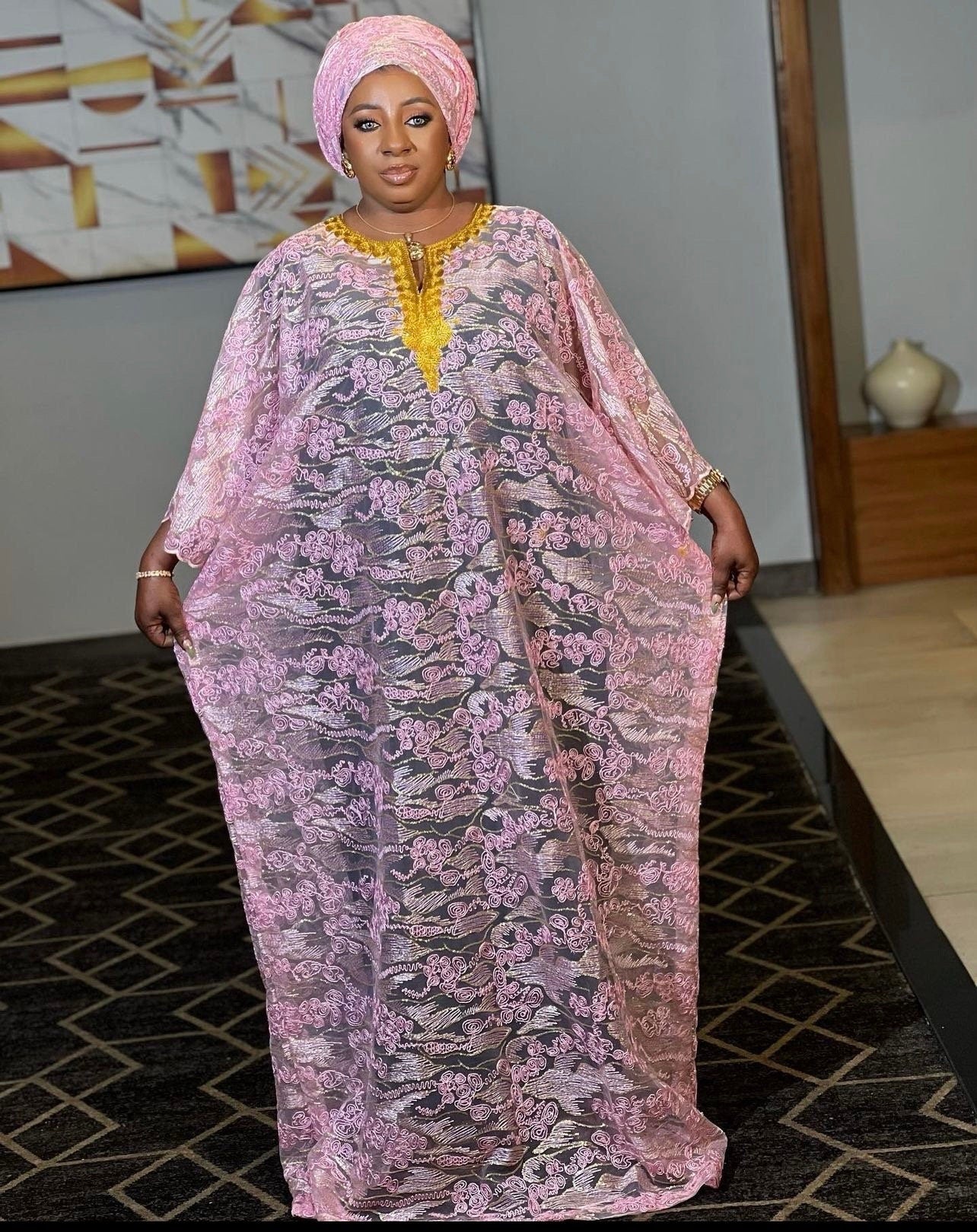 African Lace Kaftan Dress | Nigerian Made Boubou with Scarf
