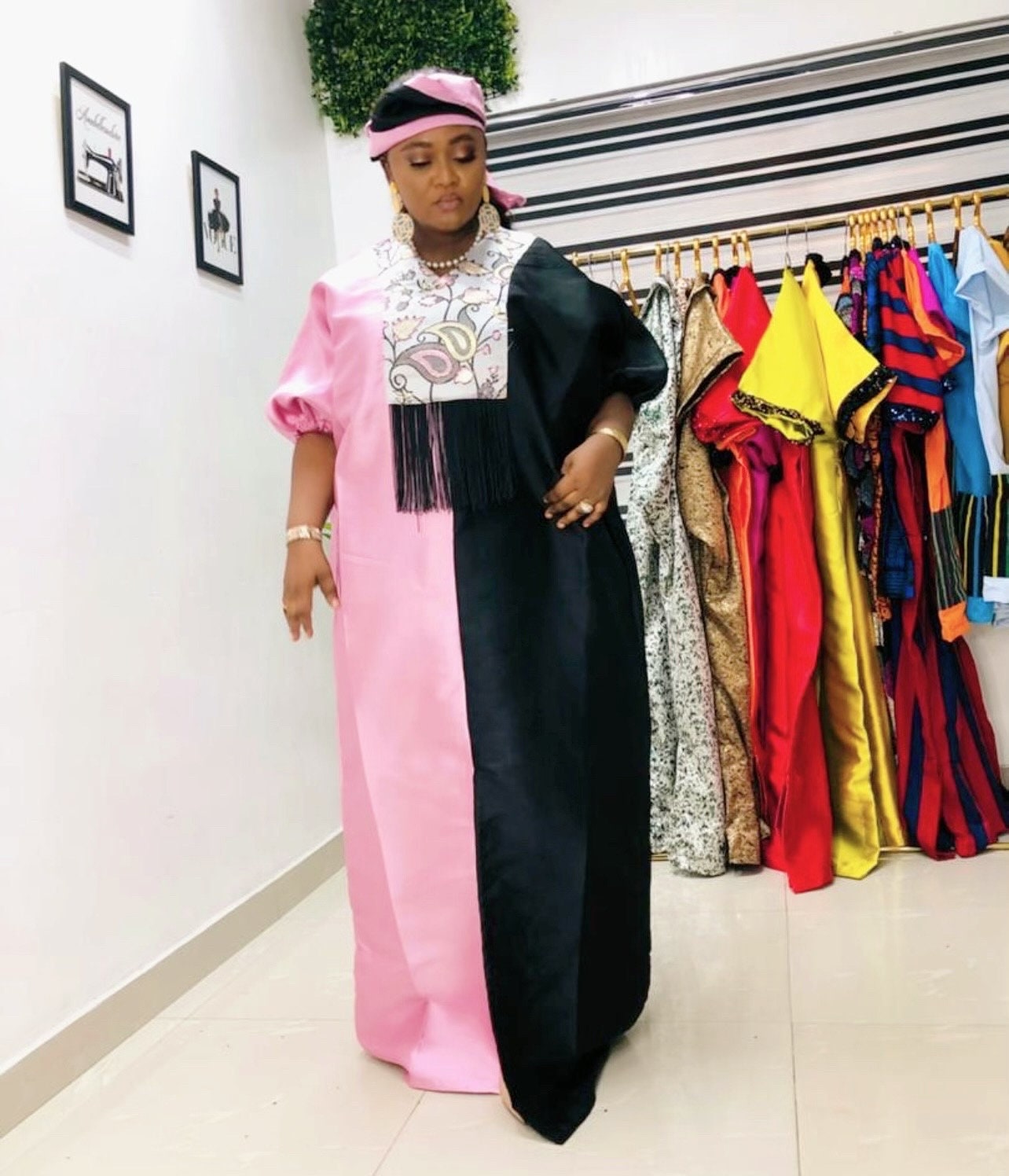 Mikado Brocade Boubou Dress | African Kaftan, Fringe, One Size