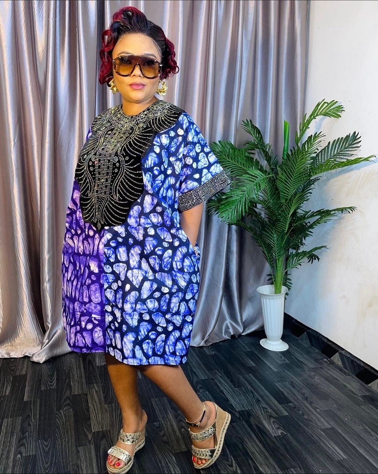 Purple Tie Dye Caftan Dress - Rhinestone Embellished African Print Tunic