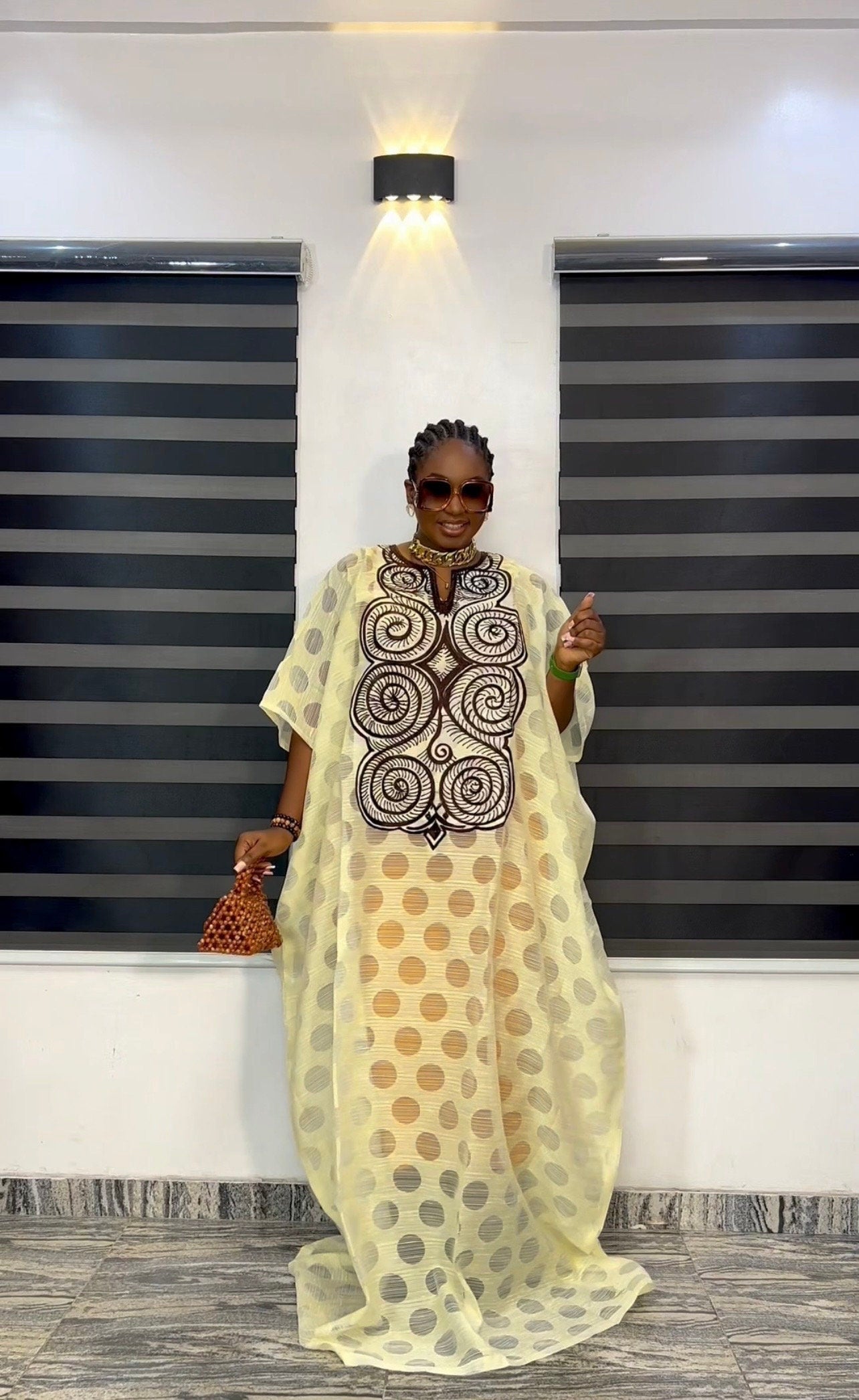 African Print Kaftan Dress | Organza Boubou, Scarf Included