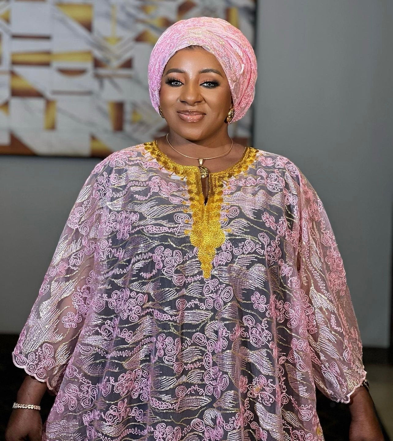 African Lace Kaftan Dress | Nigerian Made Boubou with Scarf