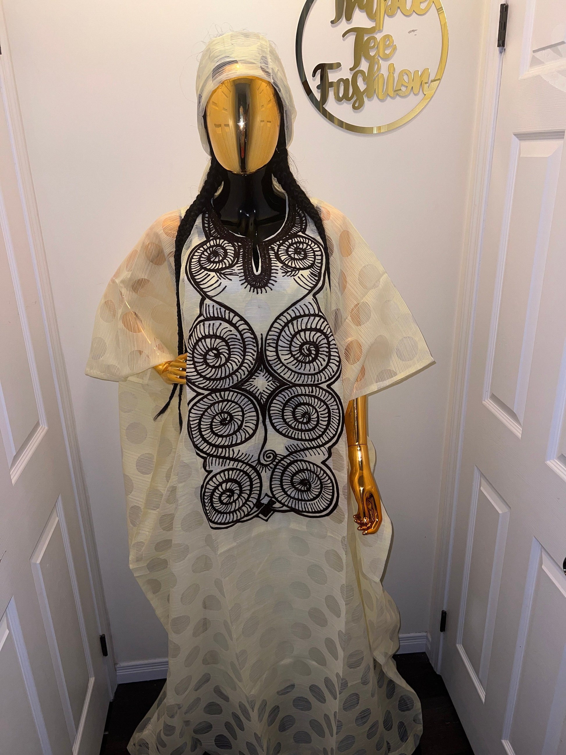African Print Kaftan Dress | Organza Boubou, Scarf Included