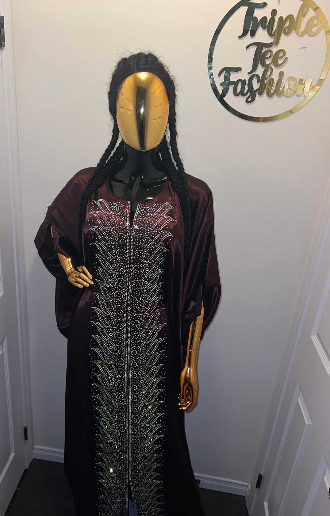 Chocolate Brown Duchess Silk Boubou | Crystal Patterned Ankara Kaftan