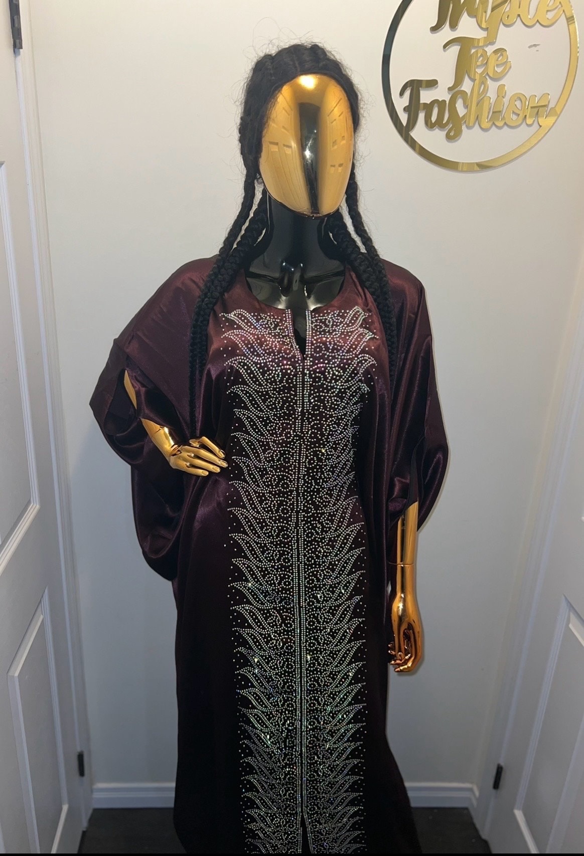 Chocolate Brown Duchess Silk Boubou | Crystal Patterned Ankara Kaftan
