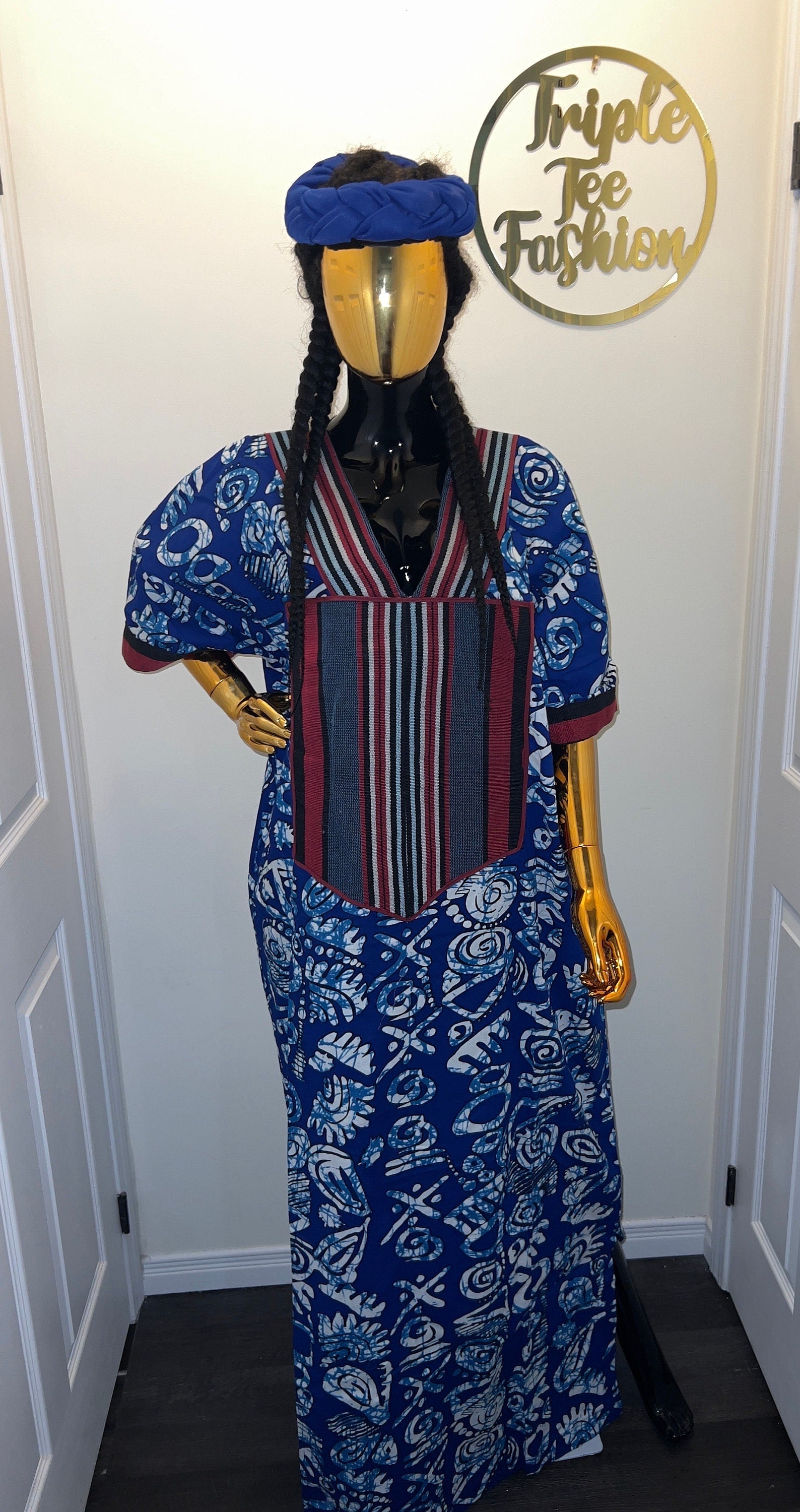 African Ankara Kaftan Dress: Adire Aso Oke Boubou, One Size