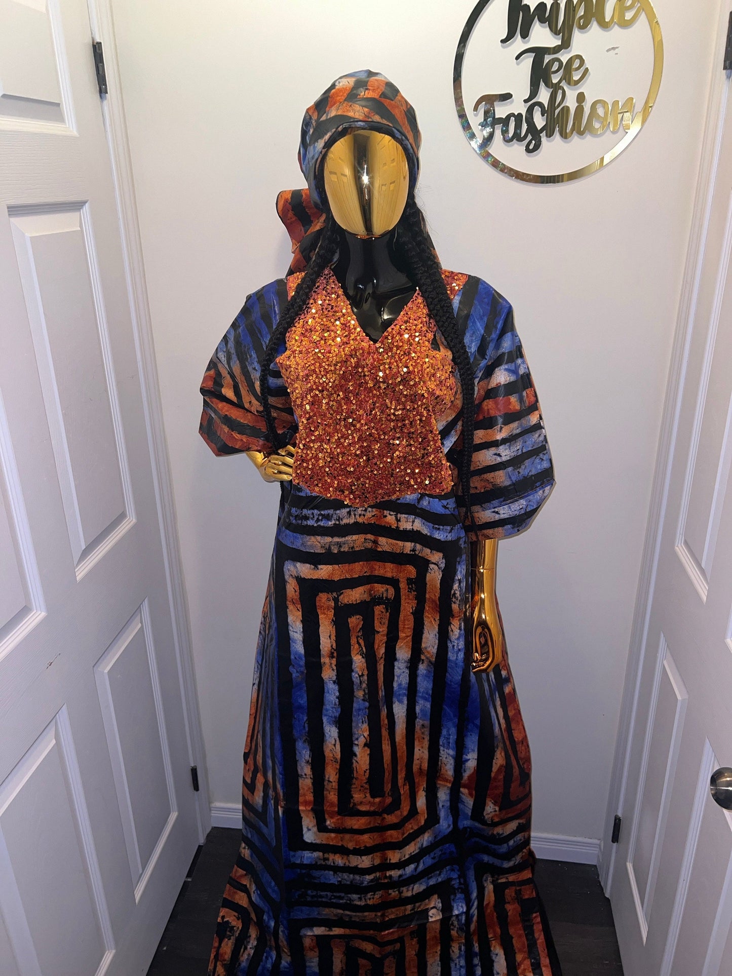African Print Boubou Kaftan: Adire Kampala Dress, Nigerian Made