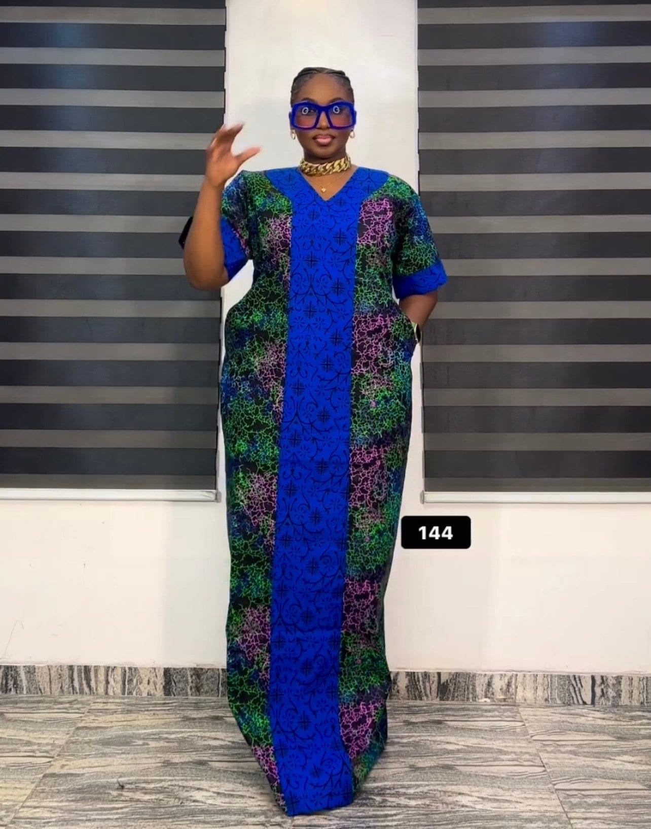 African Ankara Maxi Dress | Embroidered Cotton Kaftan with Matching Cap