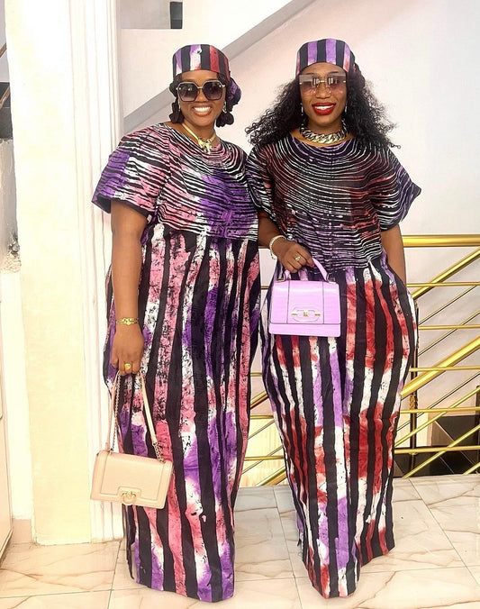 Authentic African Adire Brocade Boubou with Stripes Pattern| Jalabiya| African kaftan | Nigerian made dress| Party dress| Dress inch Aunty