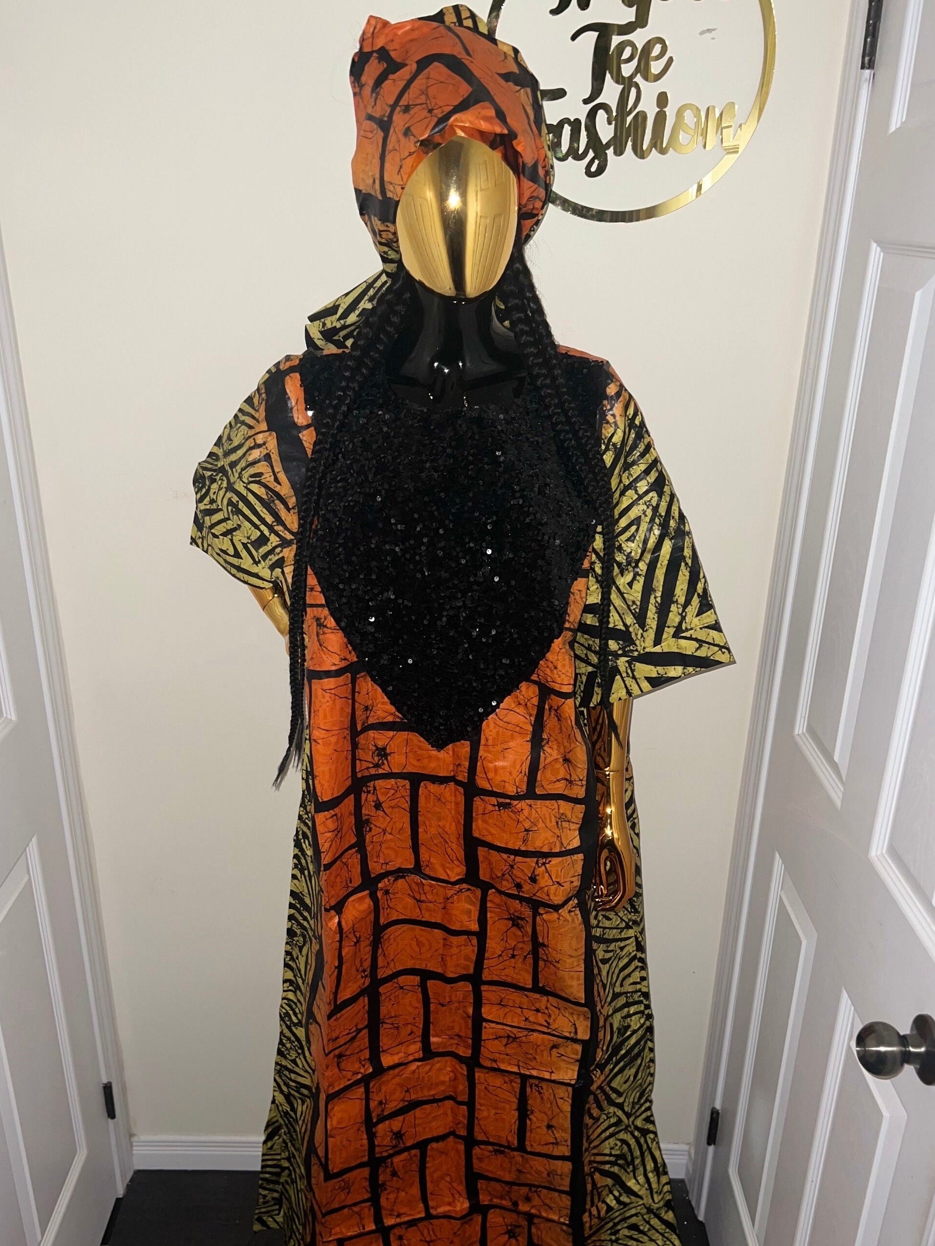 African Print Boubou Kaftan: Adire Kampala Dress, Nigerian Made
