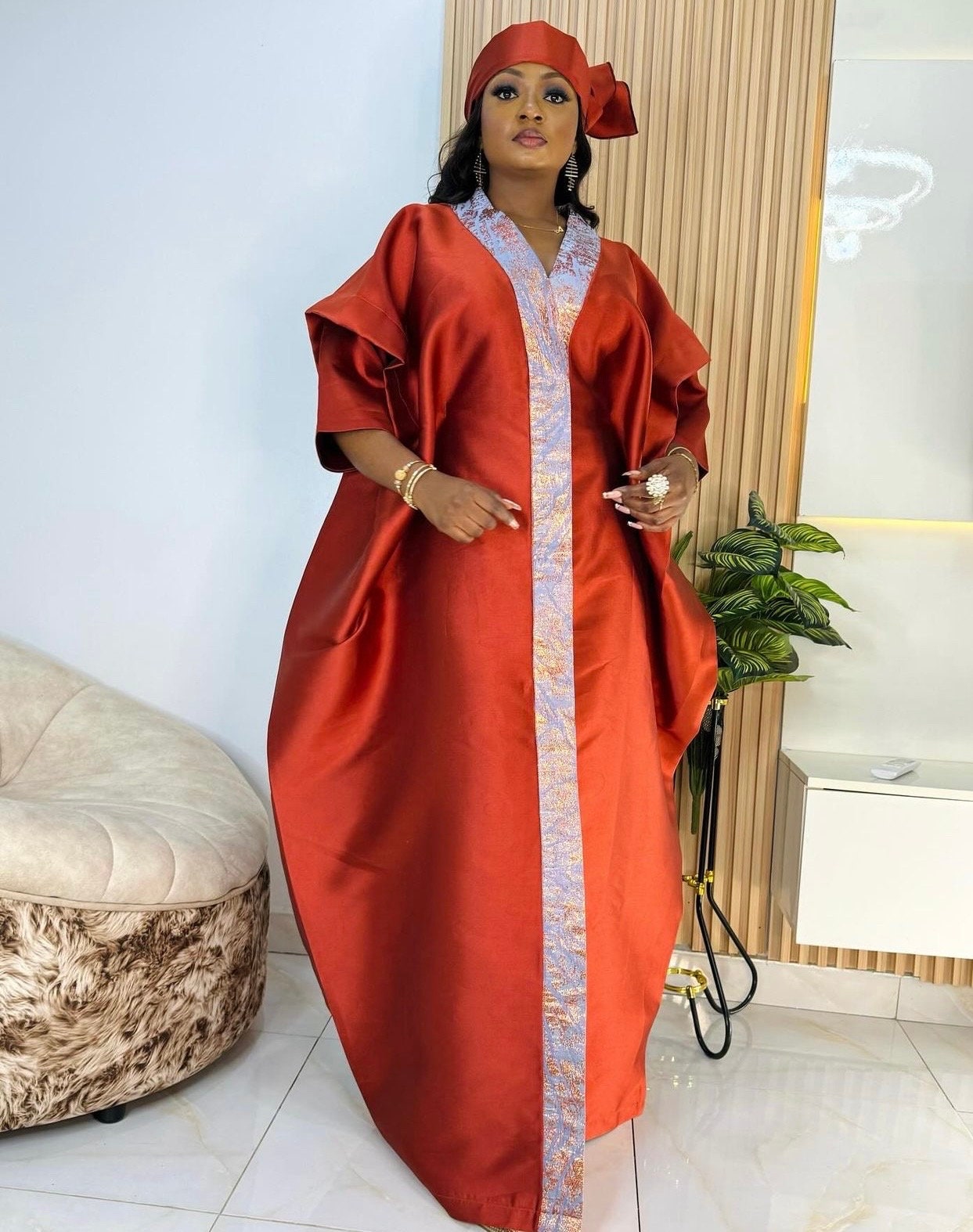 Mikado Brocade Boubou | African Kaftan Dress with Scarf