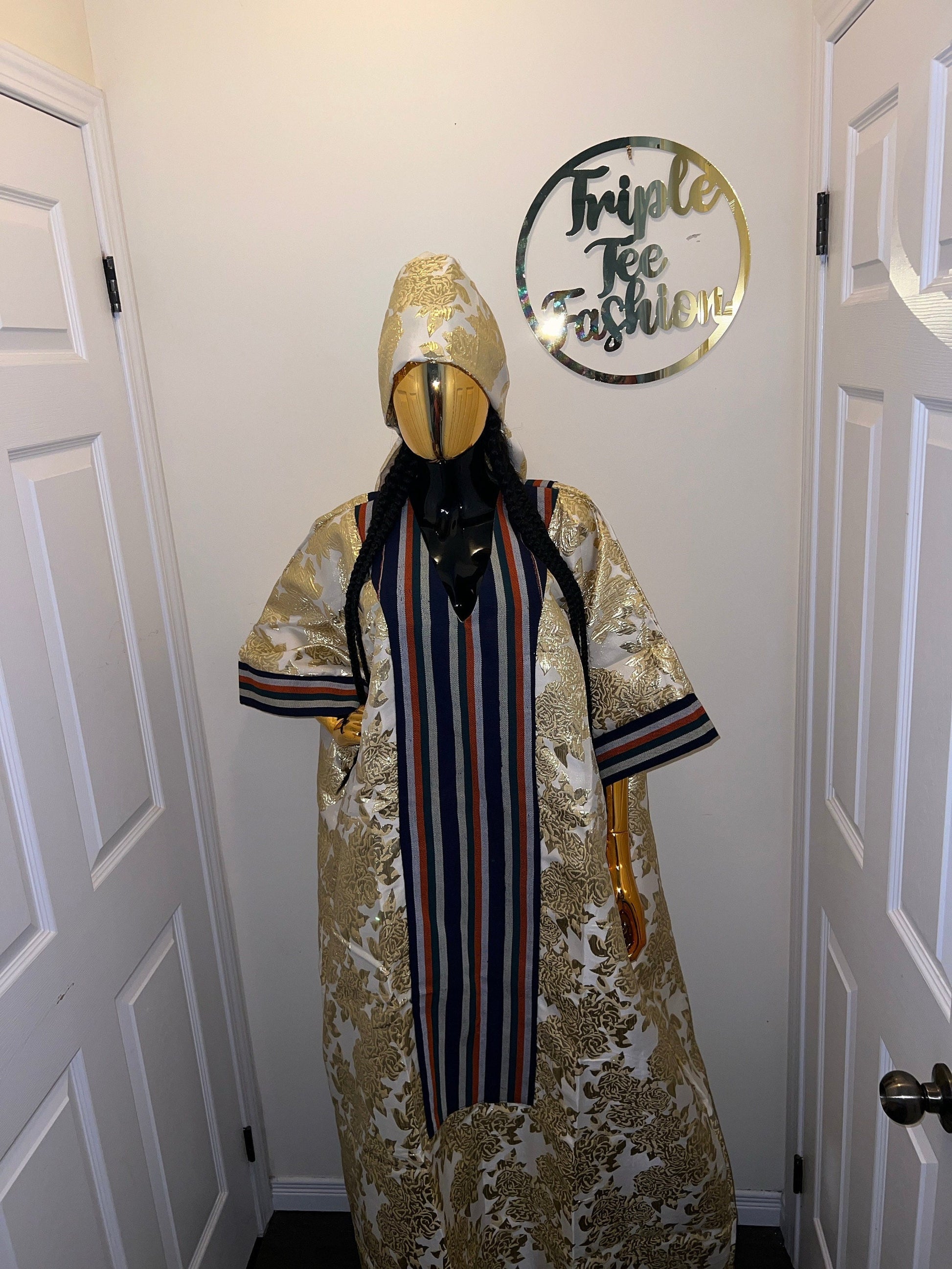 European Brocade Boubou Dress with Matching Scarf | Nigerian Aso Oke, Rich Aunty Vibes
