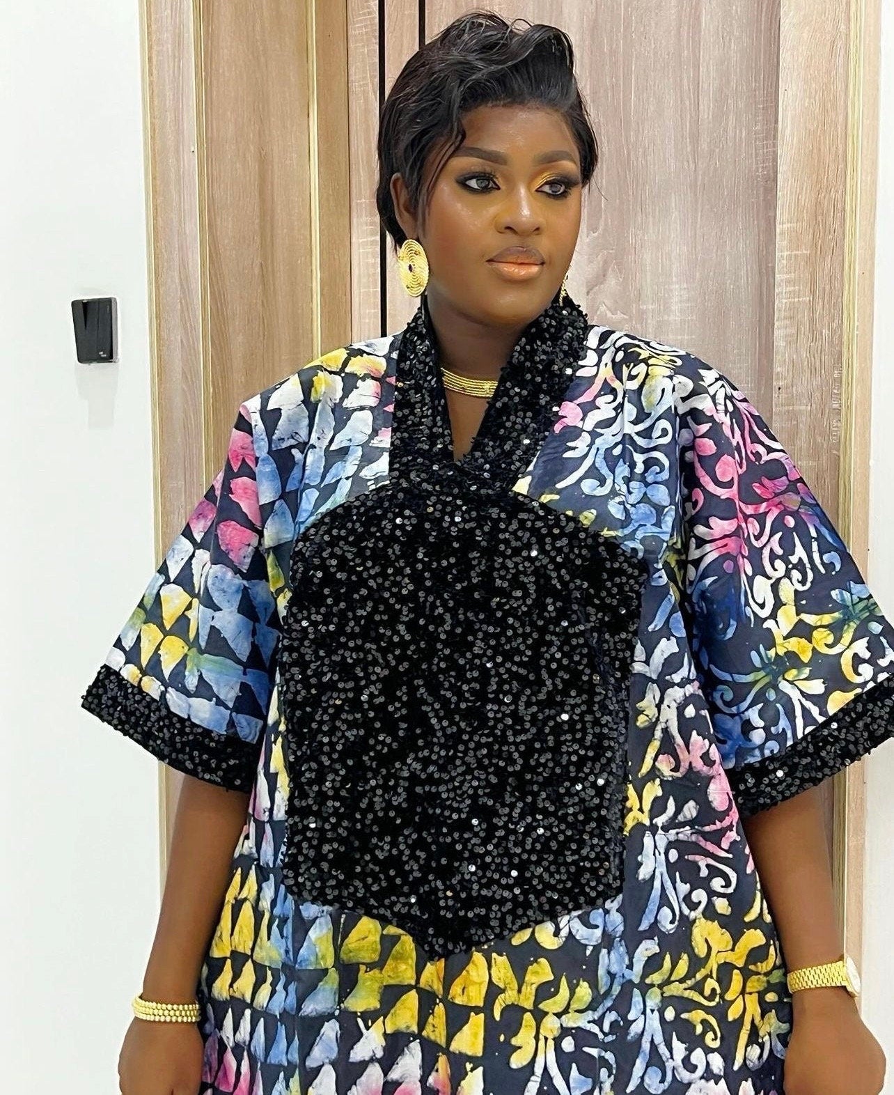 Handmade African Adire Brocade Kaftan Dress | Nigerian Print