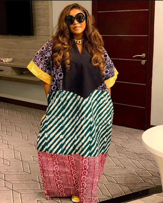 African Adire Batik Boubou Dress: Handmade Nigerian Kaftan with Scarf