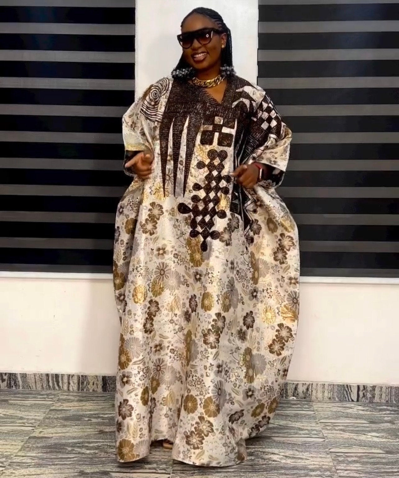 Damask Brocade Agbada Dress with Tinko Embroidery | Matching Headband