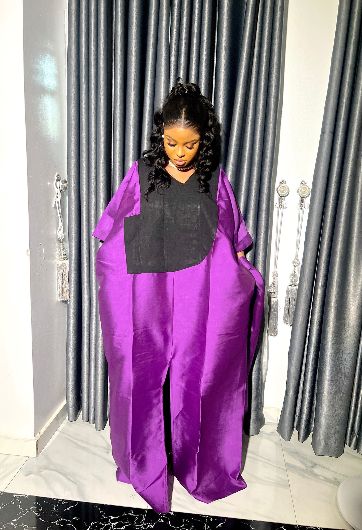 Mikado Boubou Dress | Aso Oke Neckline, African Kaftan with Matching Cap