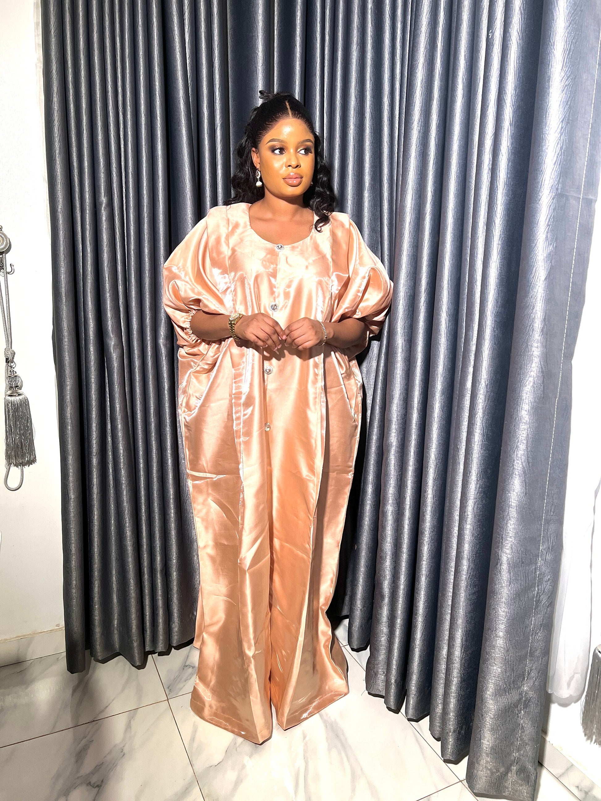 Liquid Mikado Silk Boubou | African Kaftan Dress with Headband