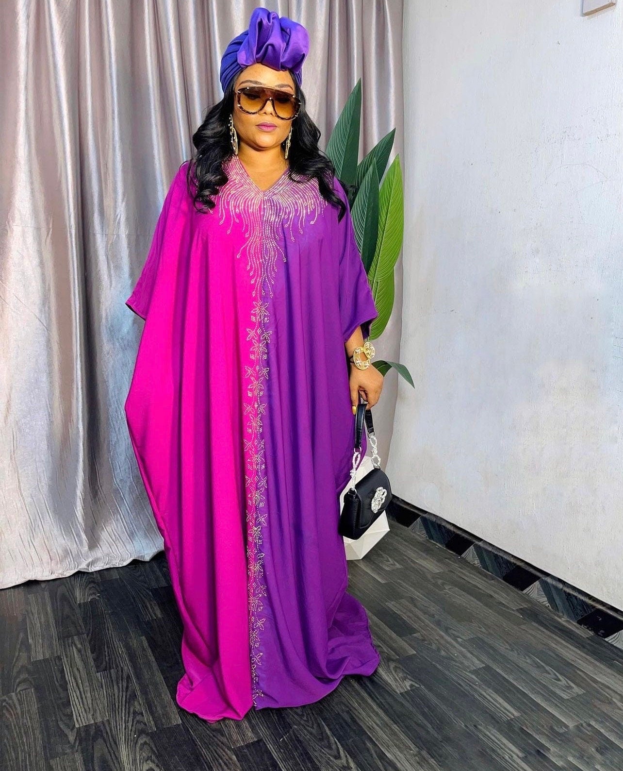 Duchess Silk Boubou | Crystal Patterned African Kaftan with Turban