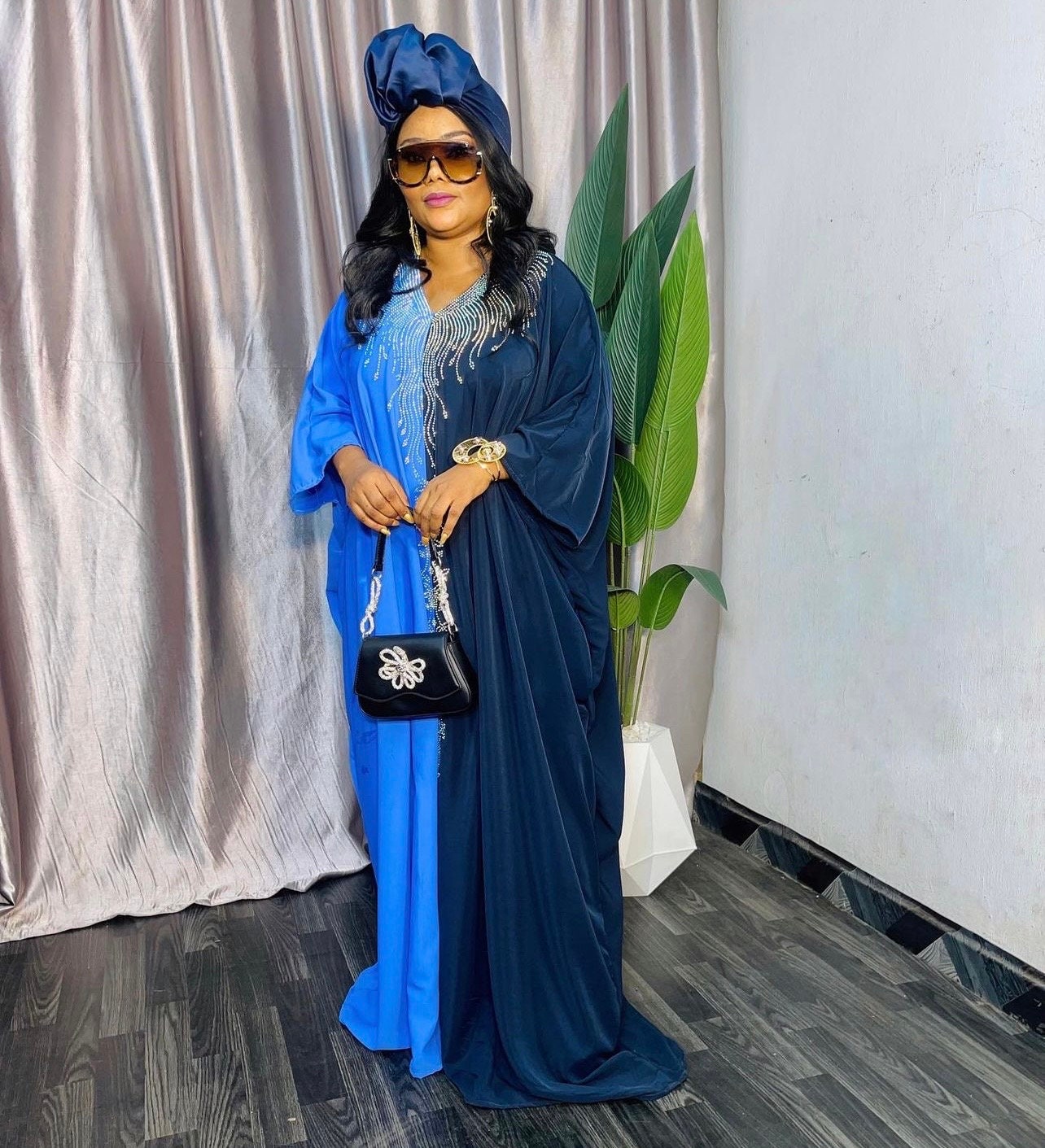 Duchess Silk Boubou | Crystal Patterned African Kaftan with Turban