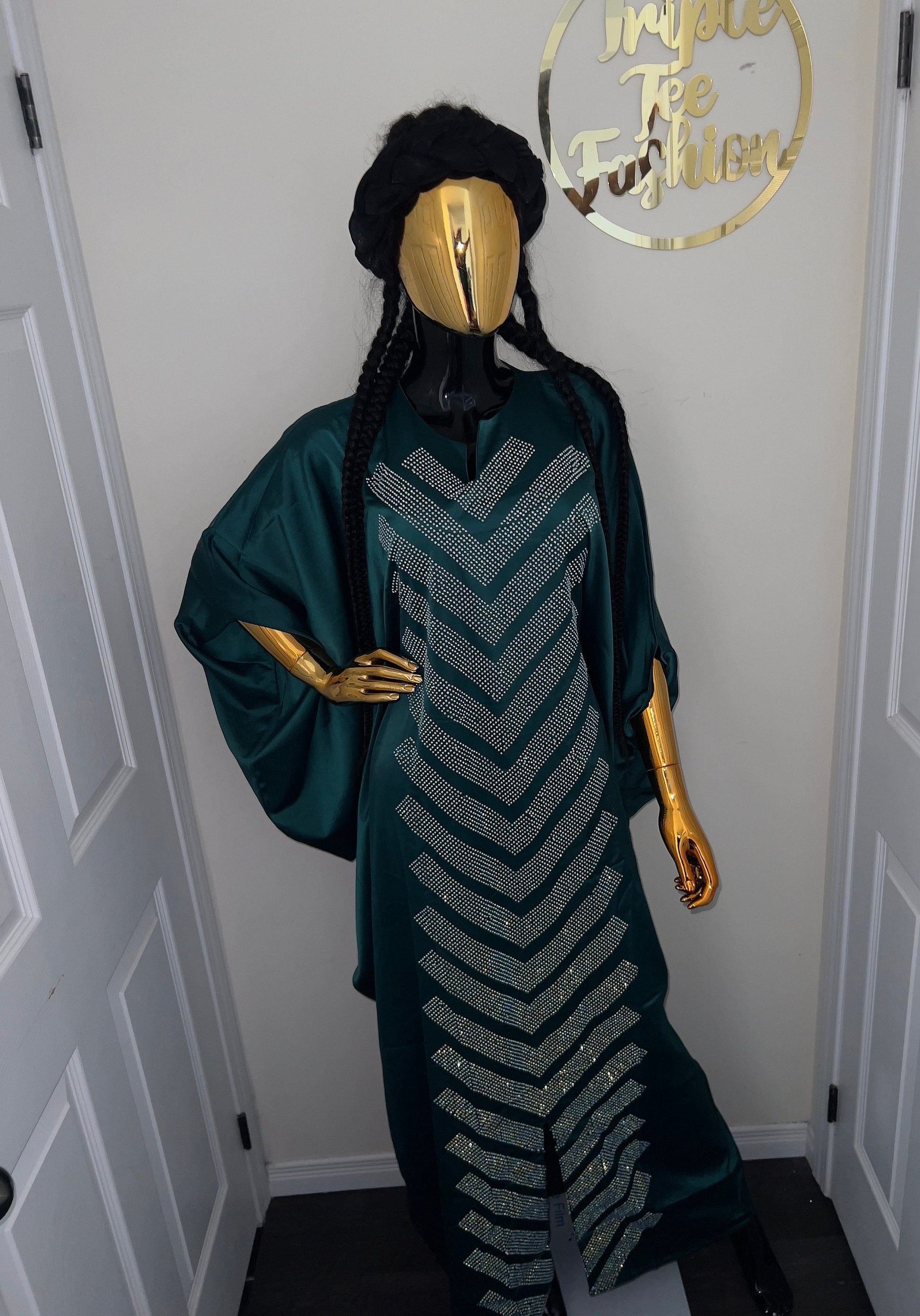 Emerald Green Duchess Silk Boubou: Crystal Patterned African Kaftan