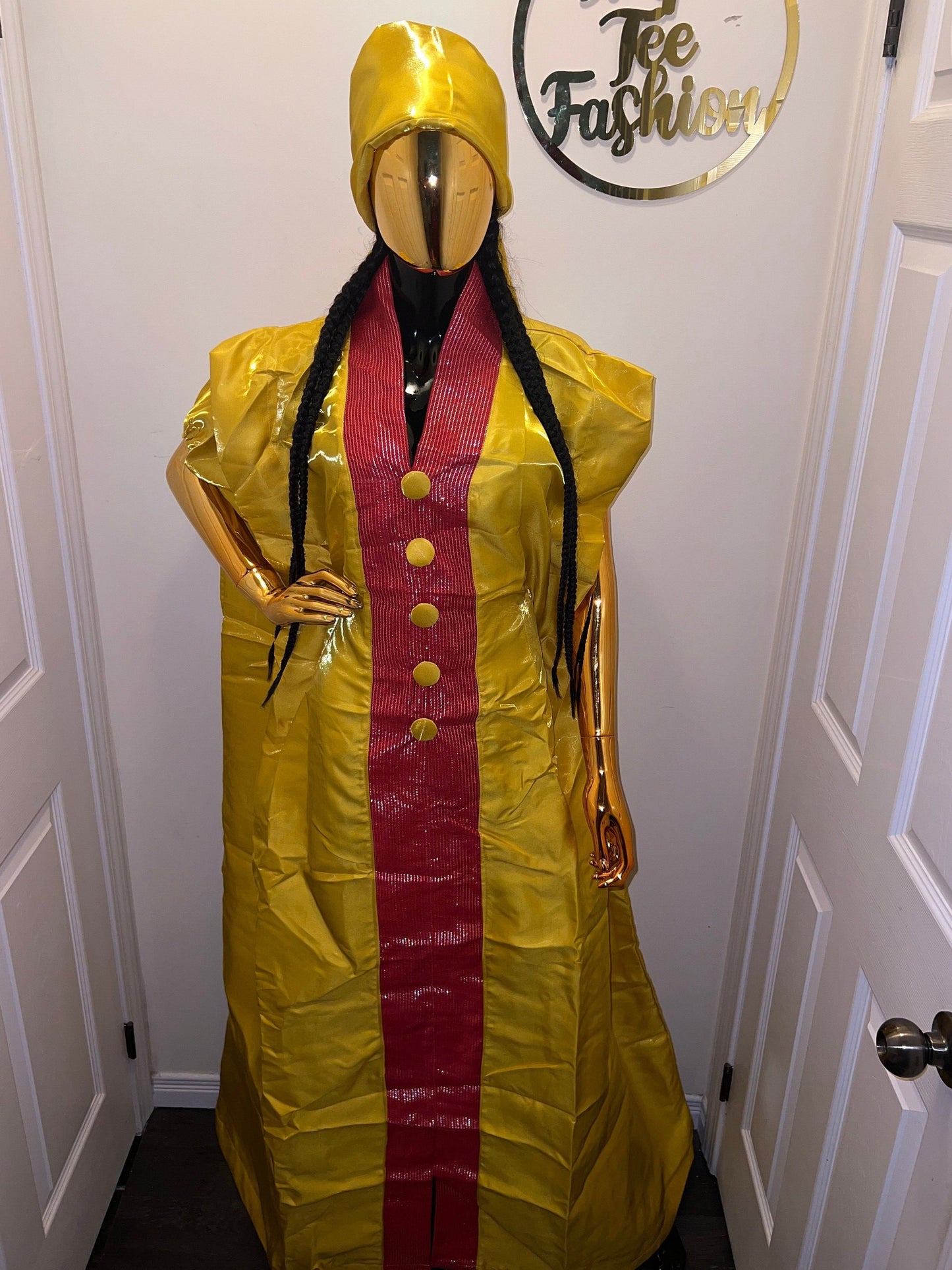 Yellow Mikado Silk Boubou | Aso Oke Trim, Nigerian Kaftan