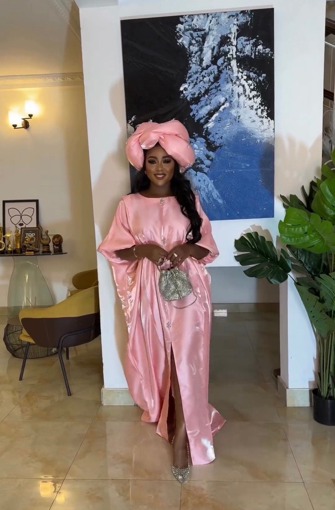 Liquid Mikado Silk Boubou Kaftan | African Party Dress With Headband