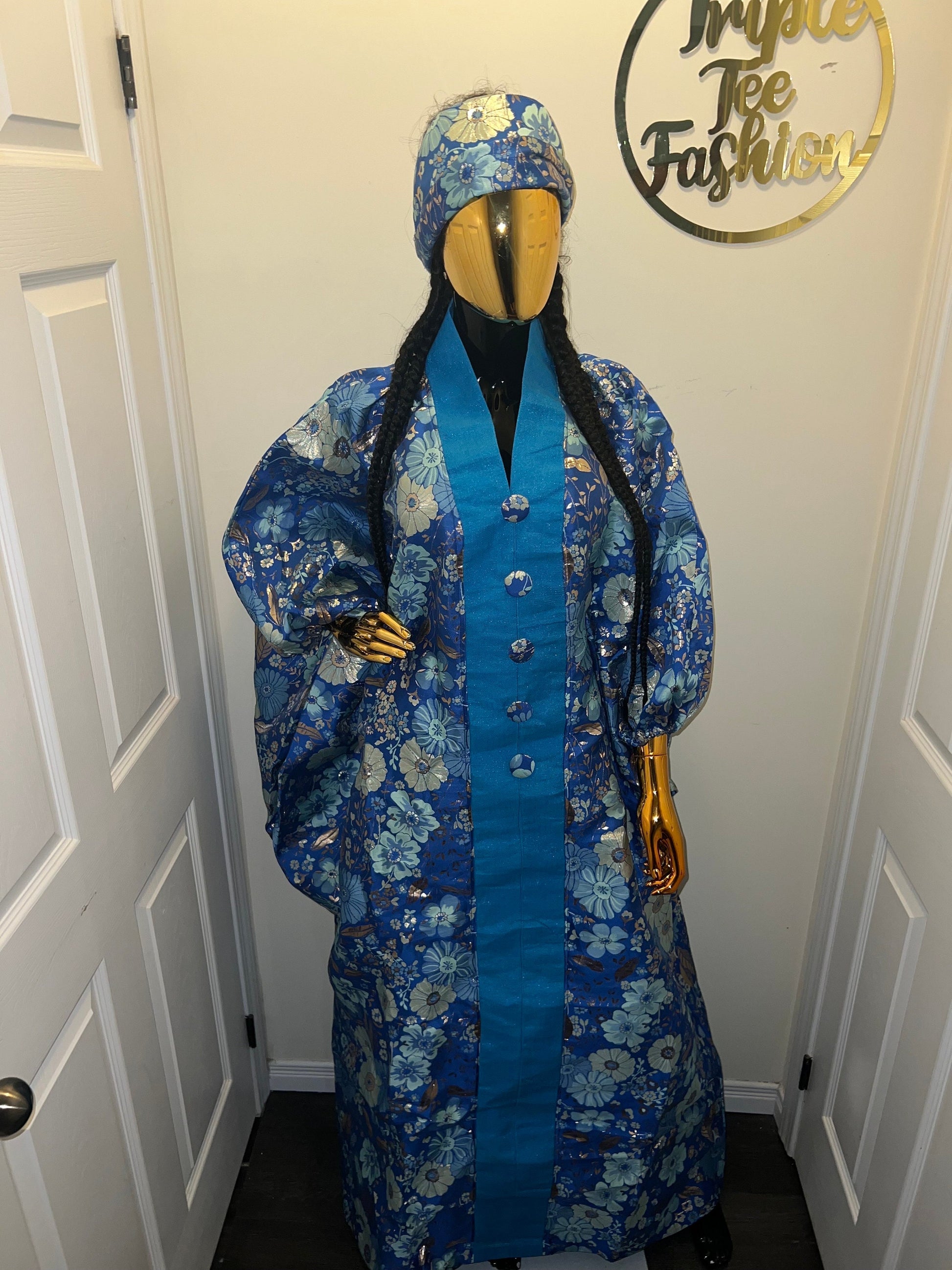 Floral Brocade Boubou Dress with Scarf | African Kaftan Jalabiya