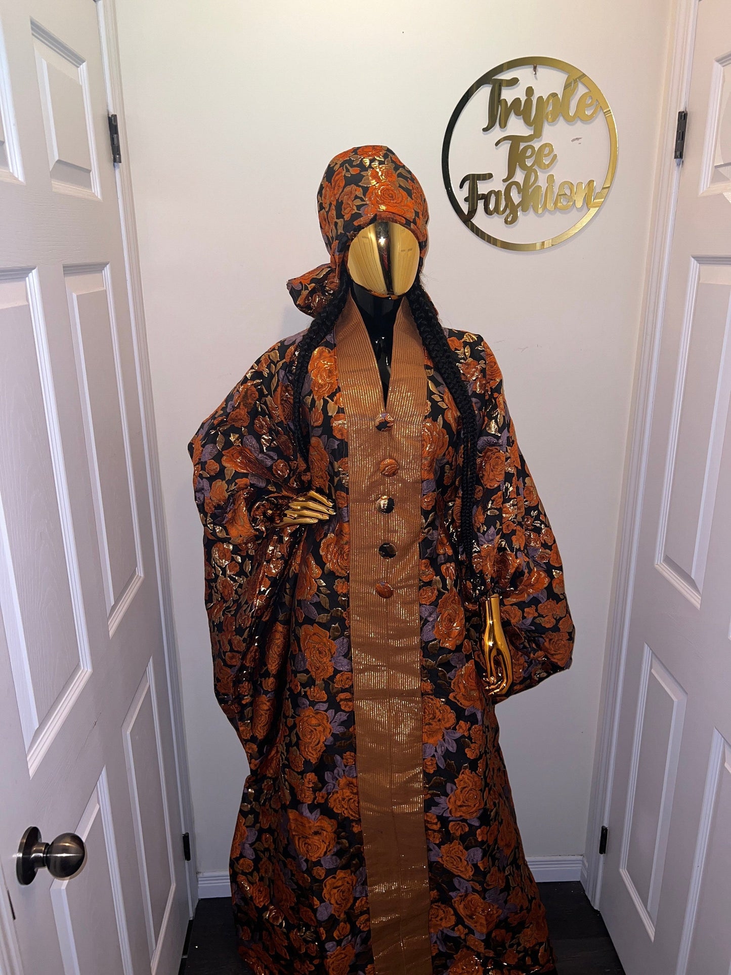 European Brocade Boubou Dress | African Aso Oke Kaftan with Scarf
