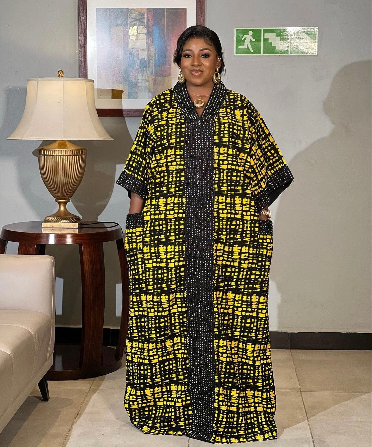 Yellow & Black Ankara Kaftan Dress - African Print Maxi Dress with Pockets