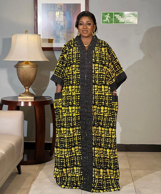 Yellow & Black Ankara Kaftan Dress - African Print Maxi Dress with Pockets