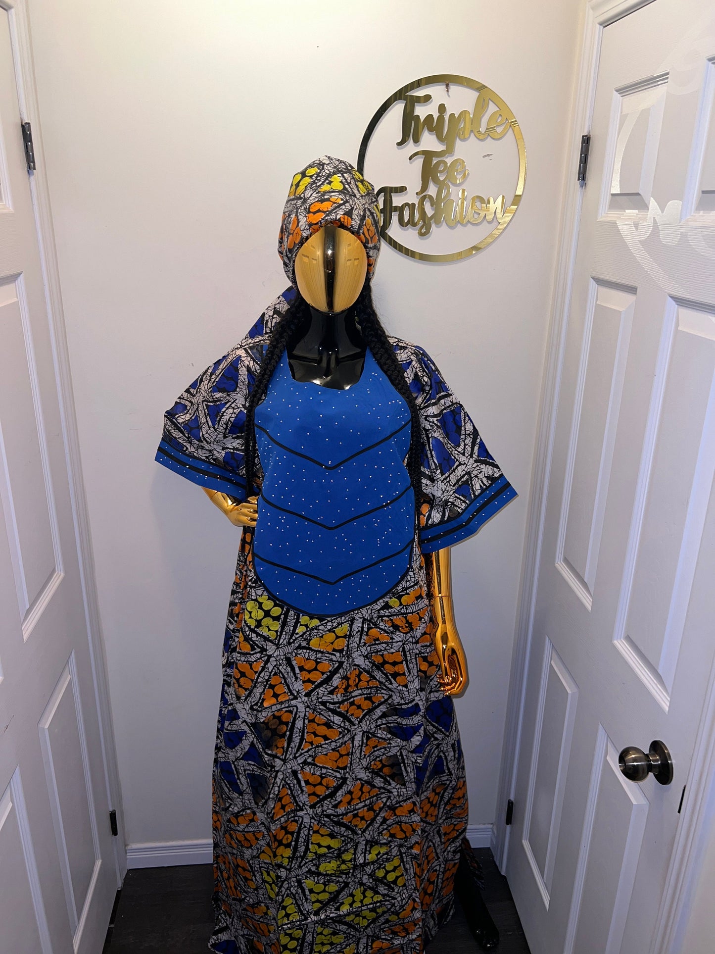 Handmade Adire Brocade Kaftan Dress | Nigerian Print Boubou