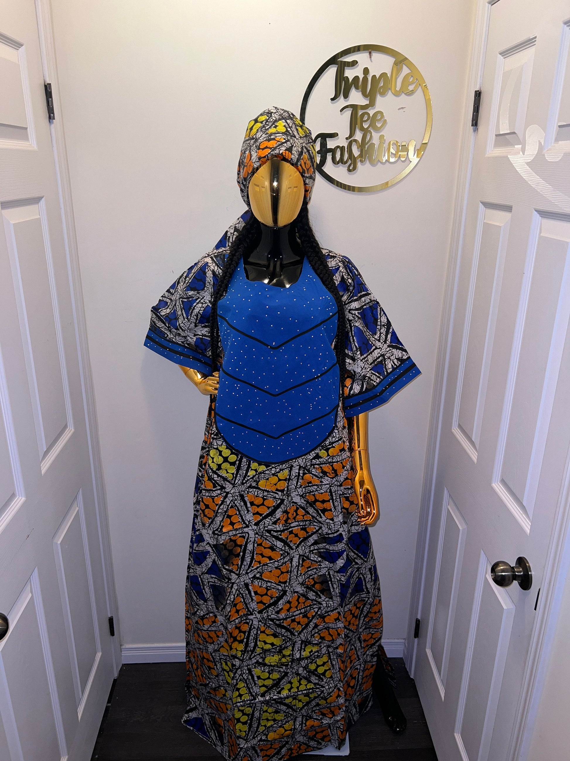 Handmade Adire Brocade Kaftan Dress | Nigerian Print Boubou
