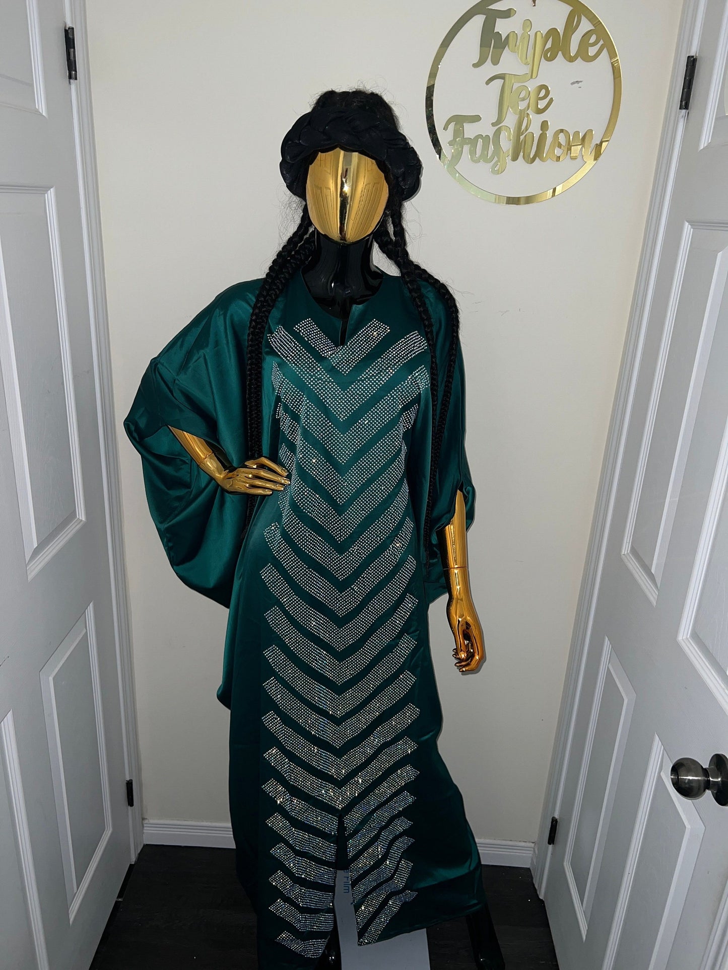 Emerald Green Duchess Silk Boubou: Crystal Patterned African Kaftan