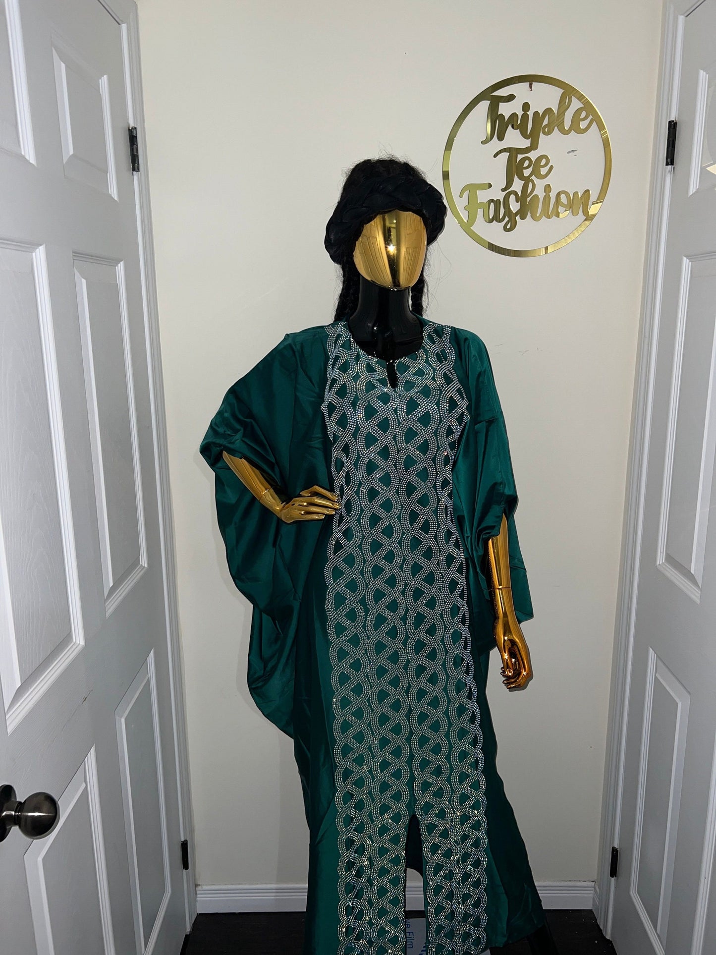 Emerald Green Duchess Silk Boubou: Crystal Patterned African Kaftan