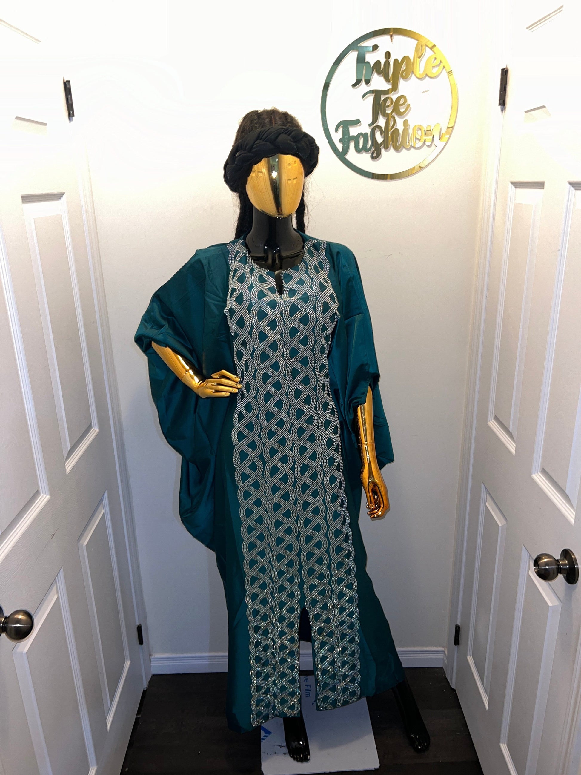 Emerald Green Duchess Silk Boubou: Crystal Patterned African Kaftan