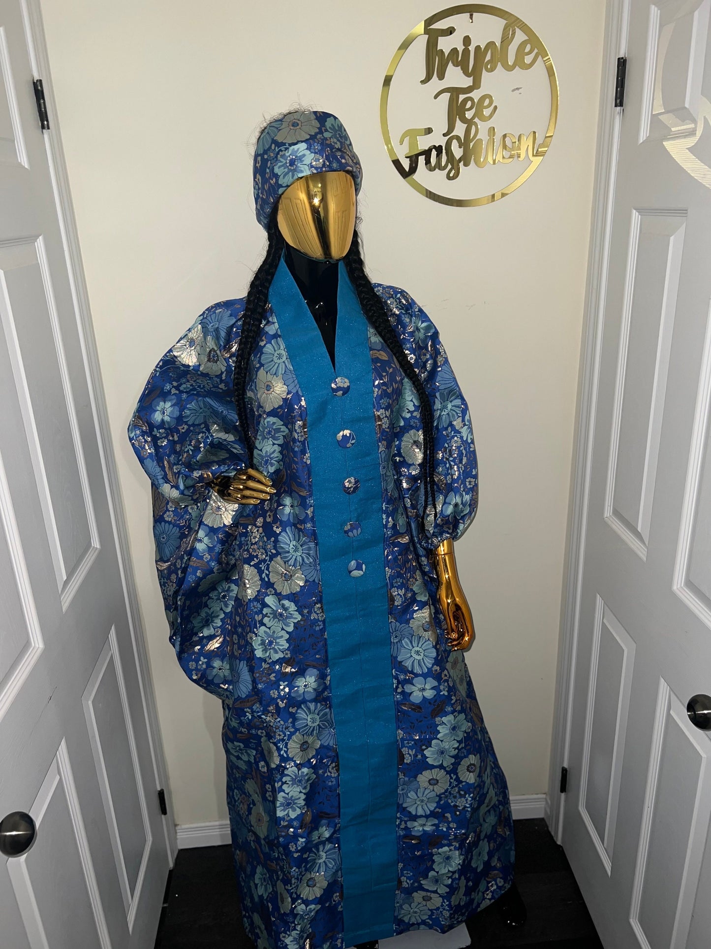 Floral Brocade Boubou Dress with Scarf | African Kaftan Jalabiya